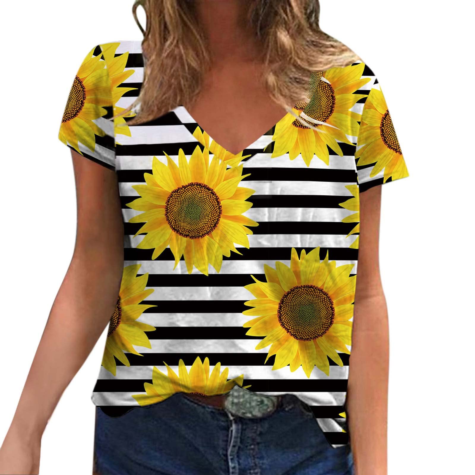 Women's Summer Casual V-Neck Loose Short Sleeve Sunflower Floral Print T-Shirt - Oversized Comfort Tee for Beach, Vacation & Everyday Wear