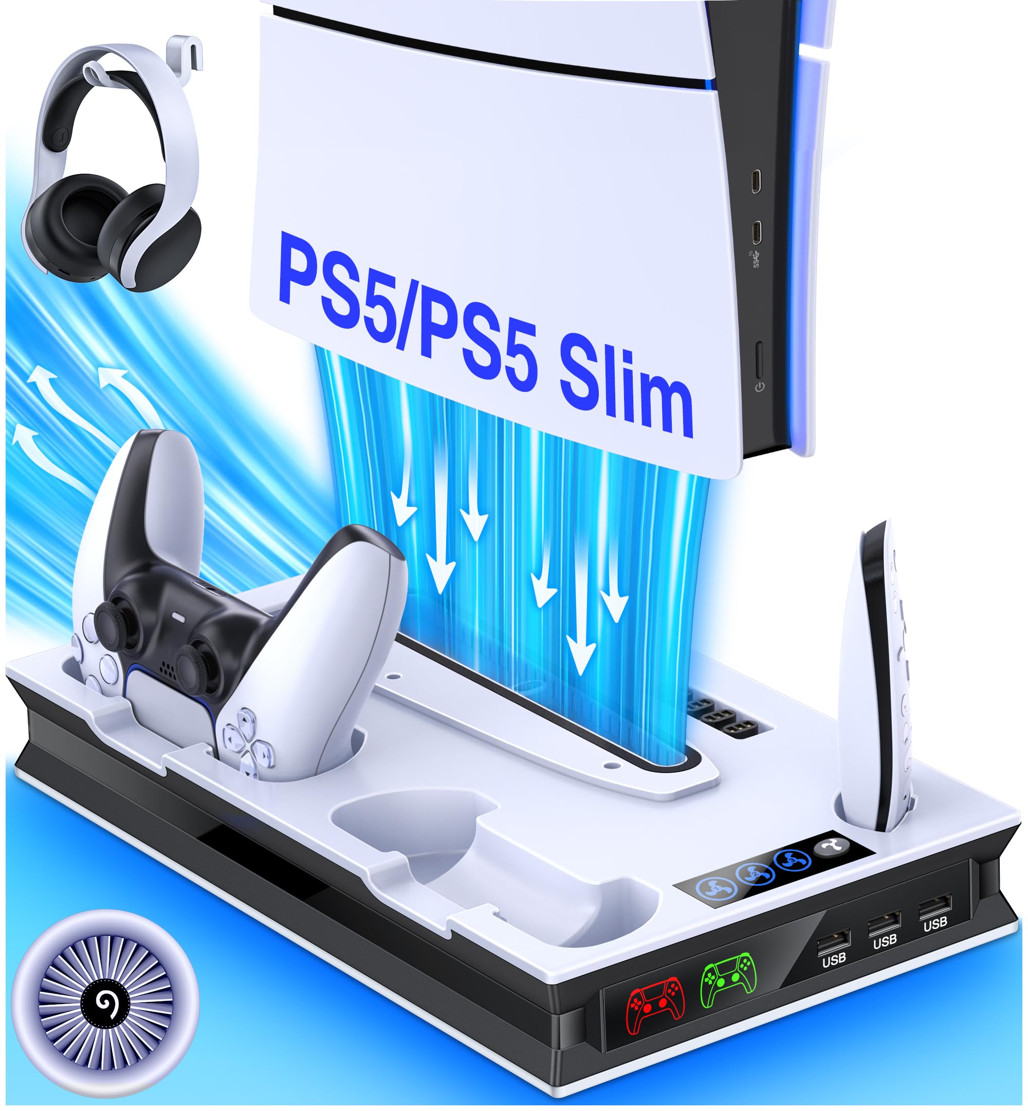 ALEEMTRY PS5 Stand for PS5 Slim - 3-Speed Cooling Fan, Dual Controller Charger, Headset Hook & 4 USB-C Ports - Gaming Accessory for PS5 Slim Disc & Digital Edition - Perfect for Gaming Setups & Entertainment Centers