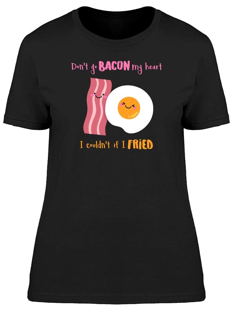 Smartprints Women's Cute Bacon and Egg Print T-Shirt - Black Casual Graphic Tee for Breakfast Lovers, Funny Foodie Outfit