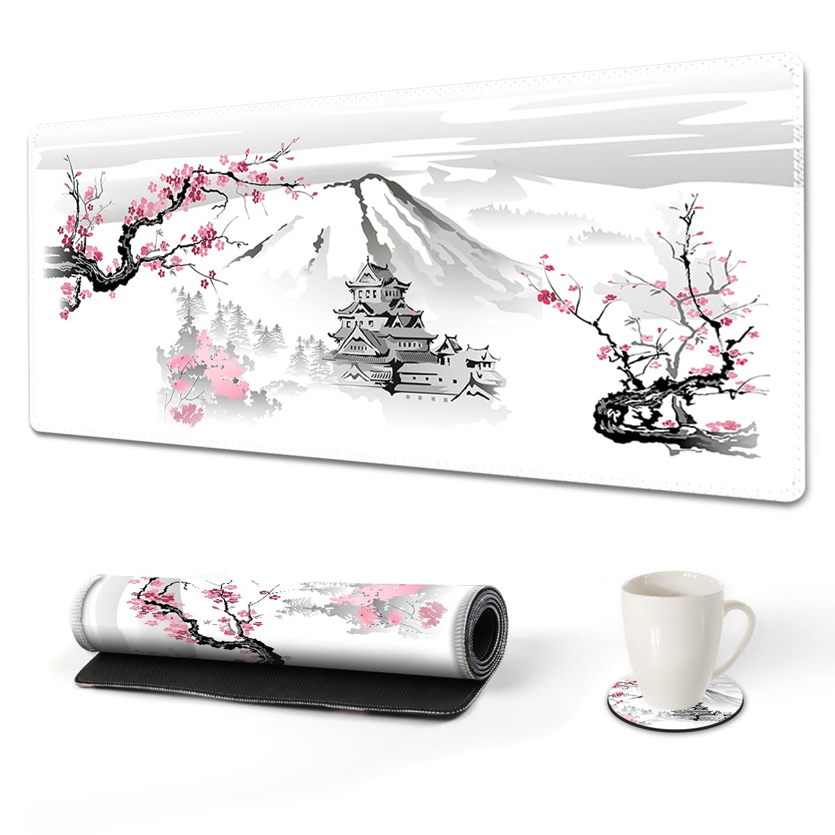 XXL Extended Gaming Mouse Pad with Cherry Blossom & Mount Fuji Japanese Art Design - Non-Slip Rubber Base, Stitched Edges for Work & Gaming - Perfect for Office, Home Desk, and PC Setup