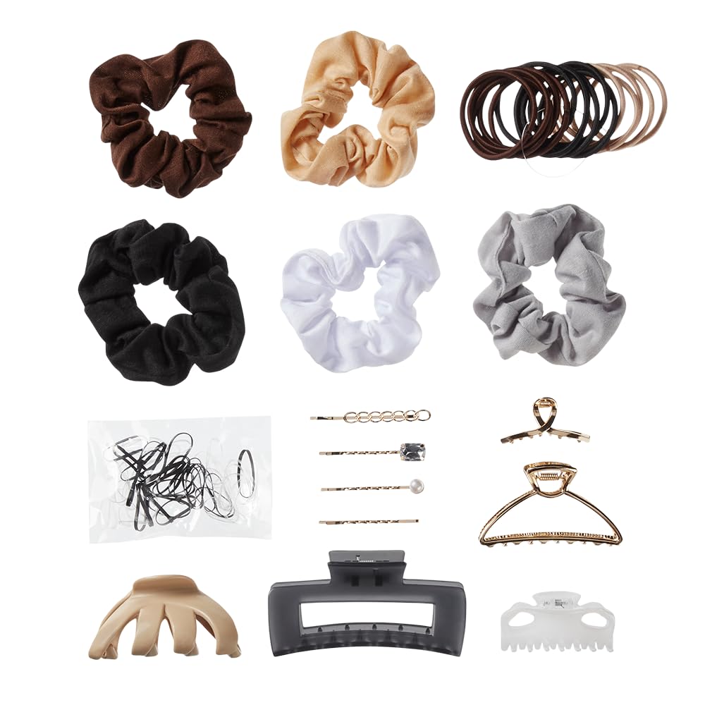 Scunci by Conair 82 Piece Hair Accessories Kit for Women - Neutral Color Hair Clips, Bands & Pins Set with 3 Stackable Storage Containers - Perfect for Home, Travel & Salon Organization