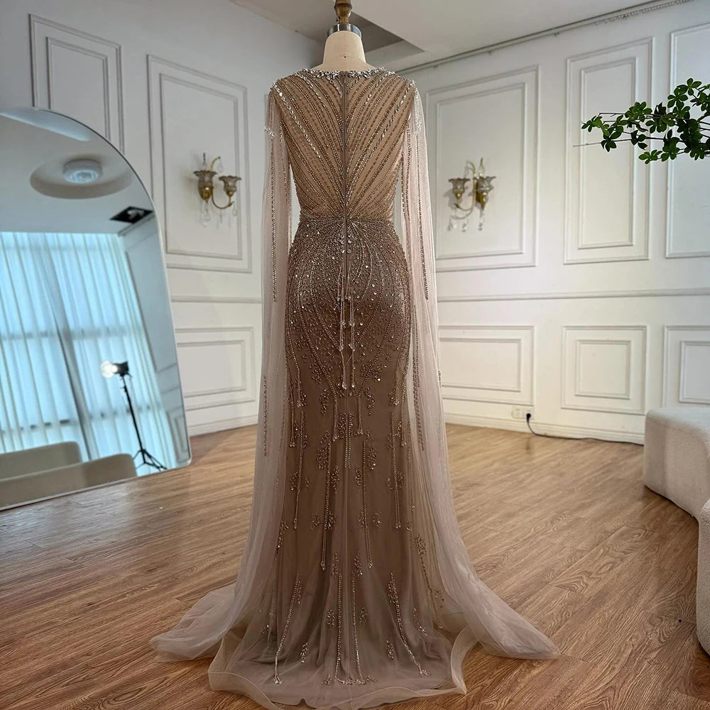 Elegant Beige Beaded Evening Dress with Cape Sleeves - LA72992 | Formal Gown for Prom, Wedding & Special Occasions