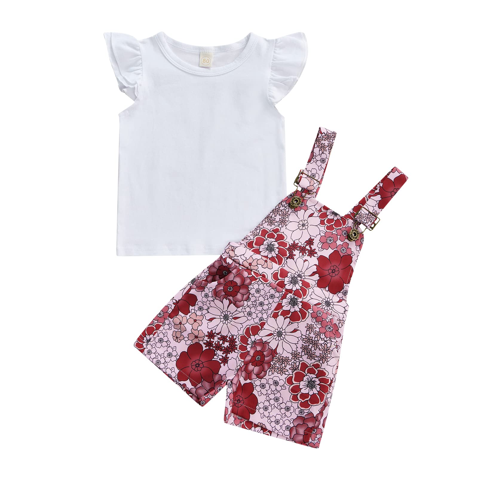 Toddler Baby Girl Summer Outfit - Flutter Sleeve T-Shirt & Floral Suspender Overalls Shorts | Playtime, Park Visits & Photo Shoots