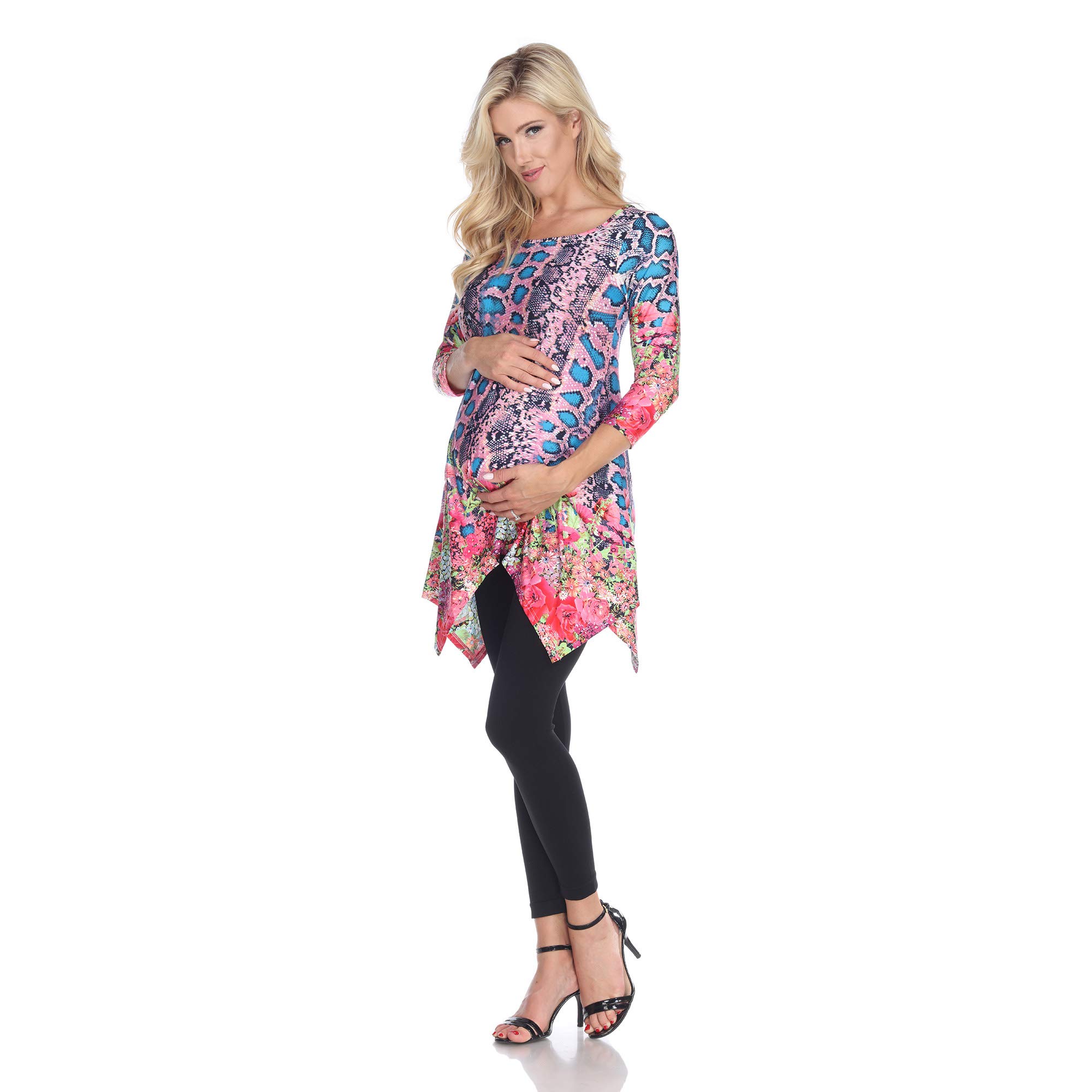 White Mark Women's Maternity Long Sleeve Arlene Printed Tunic Top - Comfortable Pregnancy Shirt for Work, Casual & Nursing - Flowy Maternity Blouse for Everyday Wear