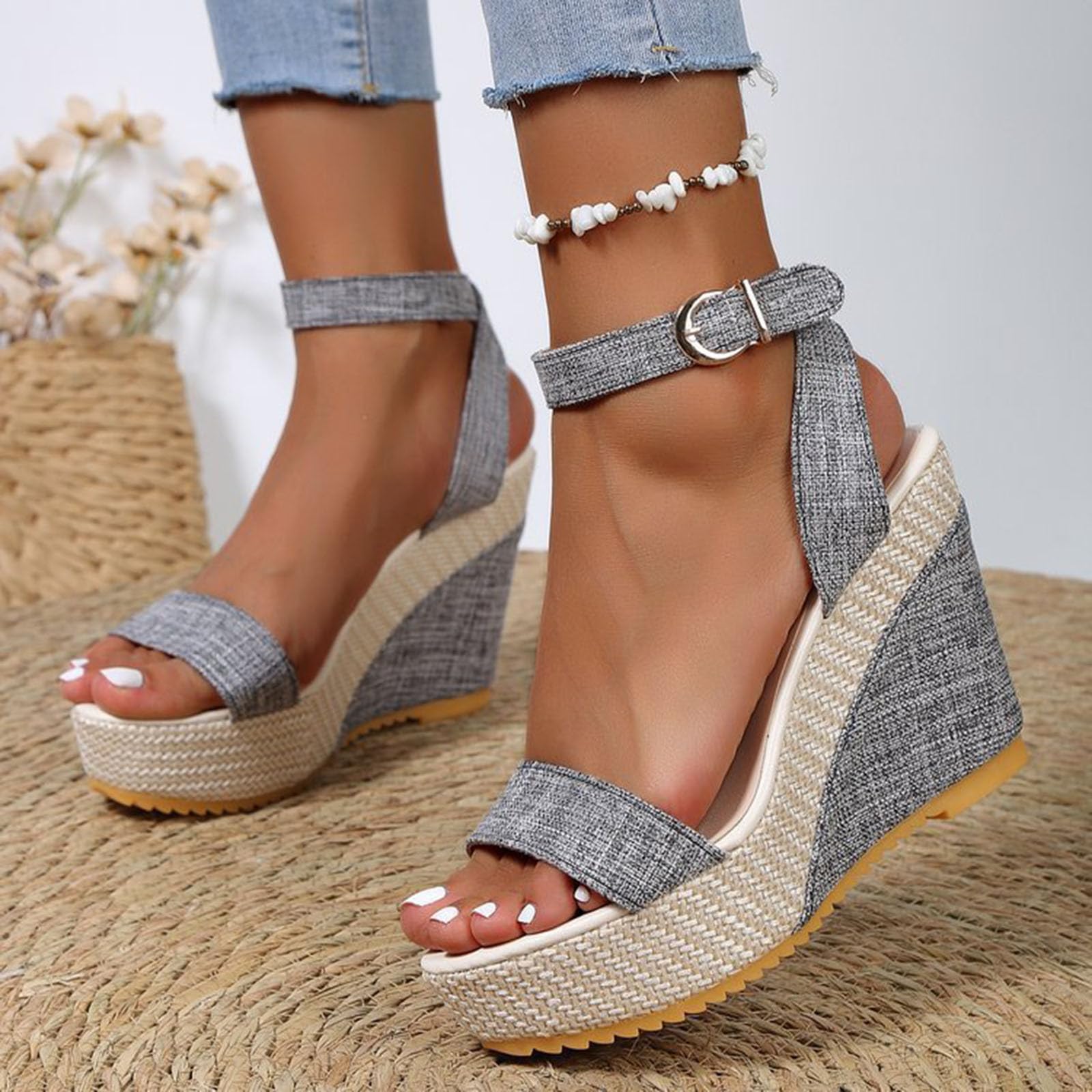 Oelaio Women's White Wedge Sandals - Summer Boho Roman Fish Mouth Sandals Size 8.5 | Comfortable Beach Walking, Vacation Outfits & Casual Fashion