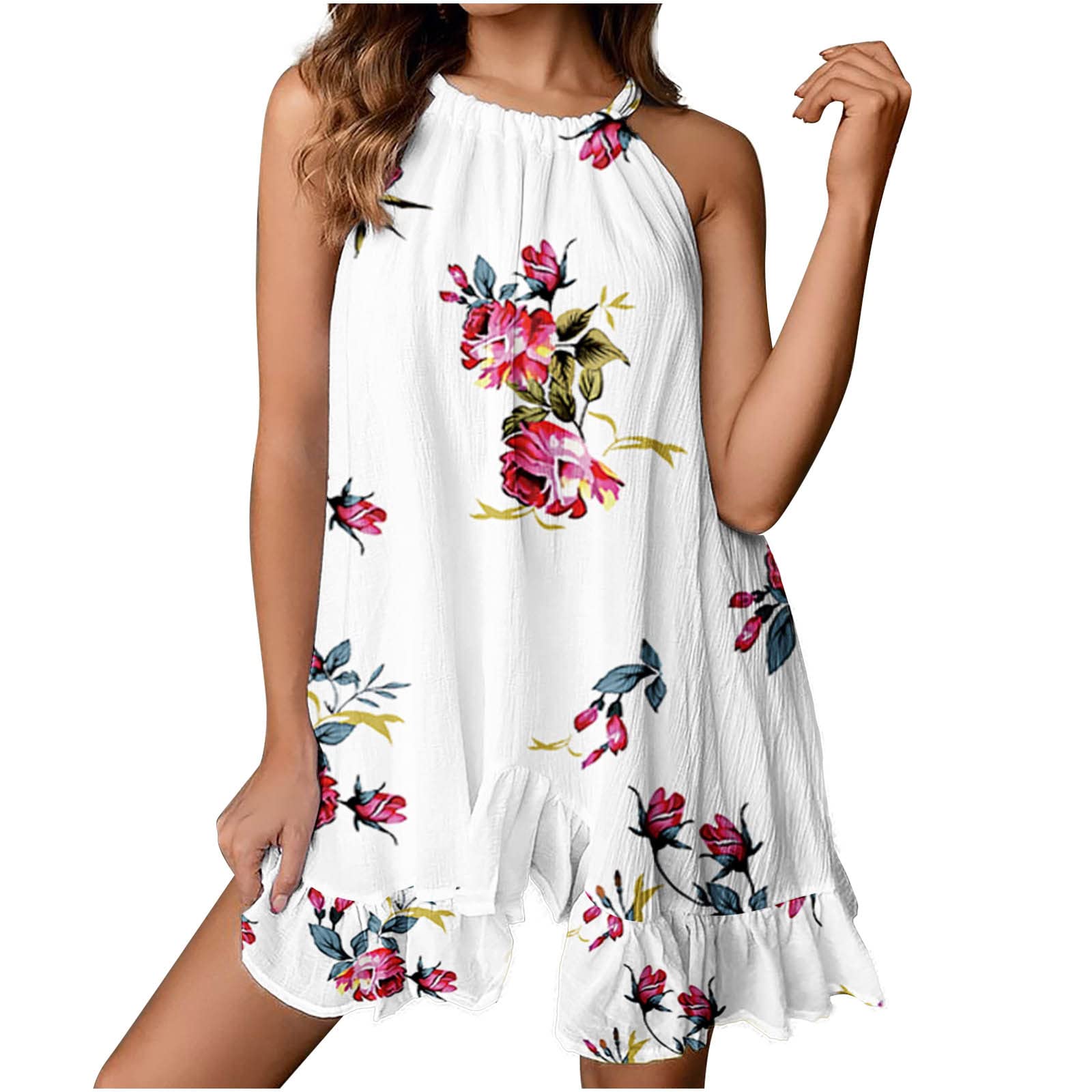 2023 Women's Summer Dresses - Lace-up Suspenders, Adjustable Ruffle Hem Sleeveless Mini Dress for Beach, Party & Vacation | Floral Print Tie Waist Sundress