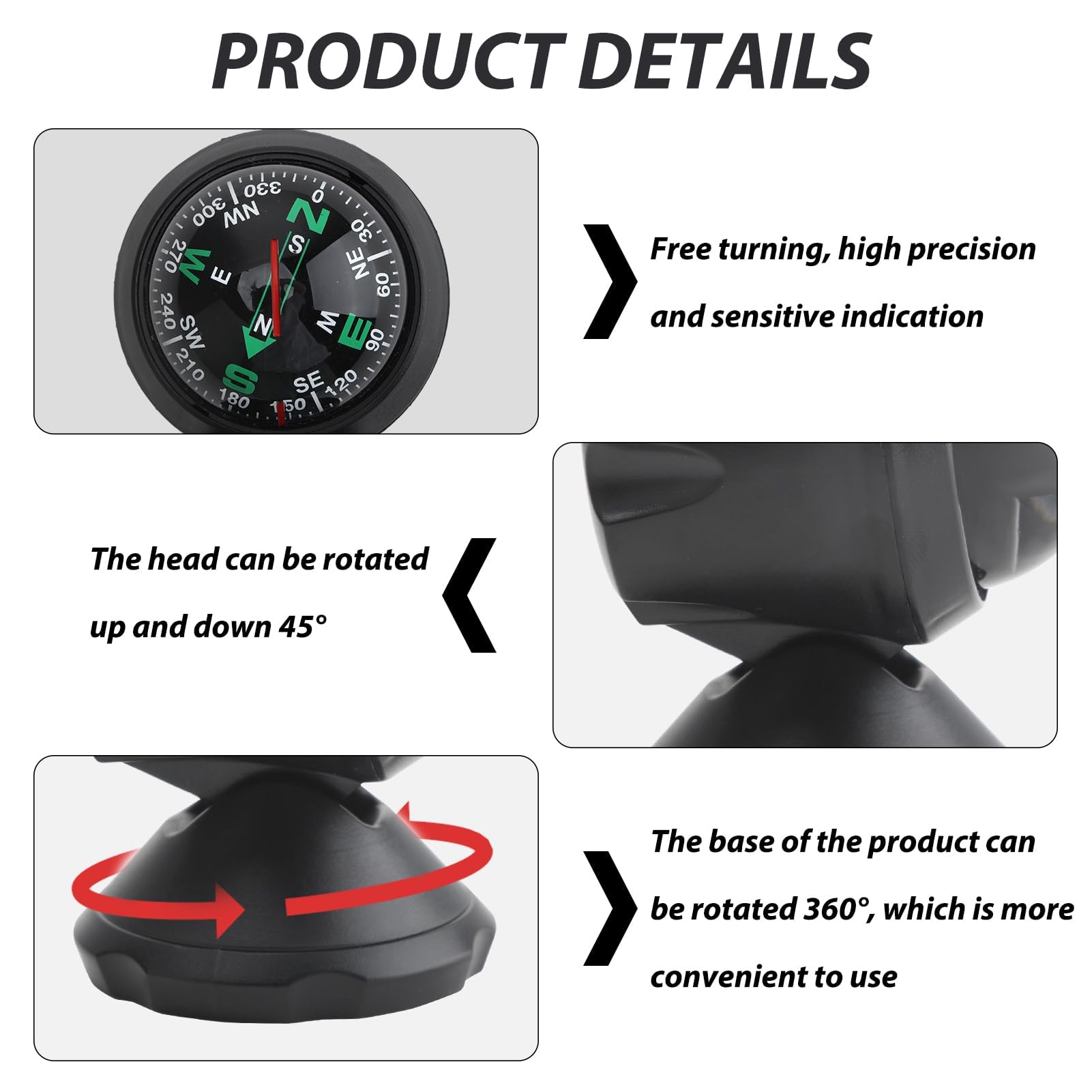 Car Dashboard Compass with Adjustable Mount - Universal Vehicle Compass for Cars, Trucks, Boats & RVs | Accurate Direction Finding for Road Trips, Off-Roading & Marine Navigation