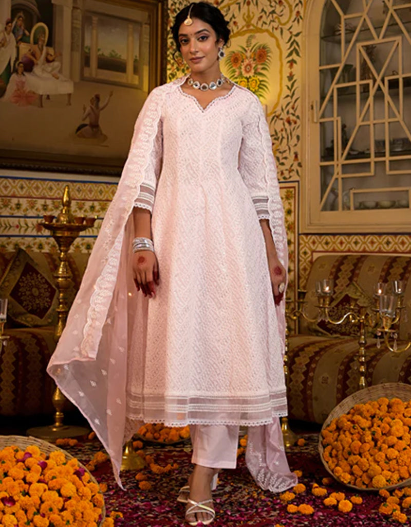 Anarkali Kurta Trouser With Dupatta Set - Baby Pink Pure Cotton Pant Suit for Women | Elegant Ethnic Wear for Festivals, Weddings & Special Occasions