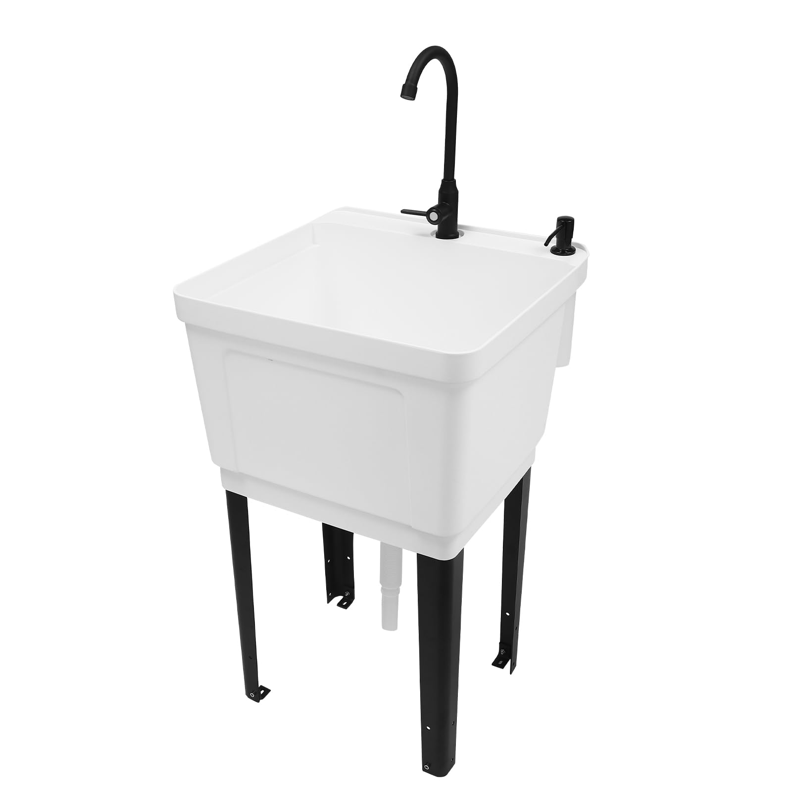 Heavy Duty White Utility Sink Laundry Tub - Freestanding Wash Station with Rotatable Faucet & Soap Dispenser - Durable Plastic Slop Sink for Basement, Garage, Workshop or Laundry Room - Perfect for Washing Clothes, Cleaning Tools & Household Chores