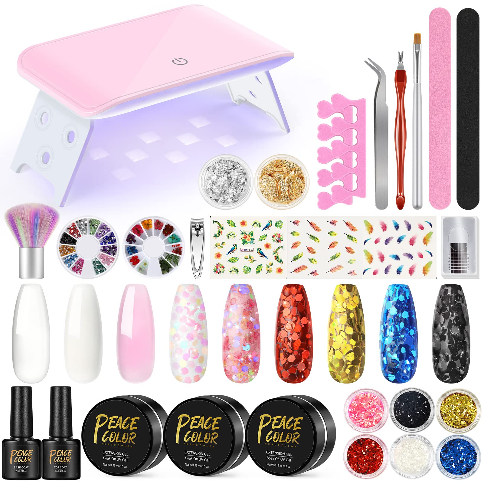 **Peacecolor Gel Nail Builder Kit with LED/UV Nail Lamp – White, Pink & Transparent UV Nail Gel, Base & Top Coat – Professional Nail Art Design Tools for Manicure & Home Salon Use**    *(Use Case: Perfect for DIY nail art, salon professionals, bridal manicures, and long-lasting gel nail extensions at home.)*