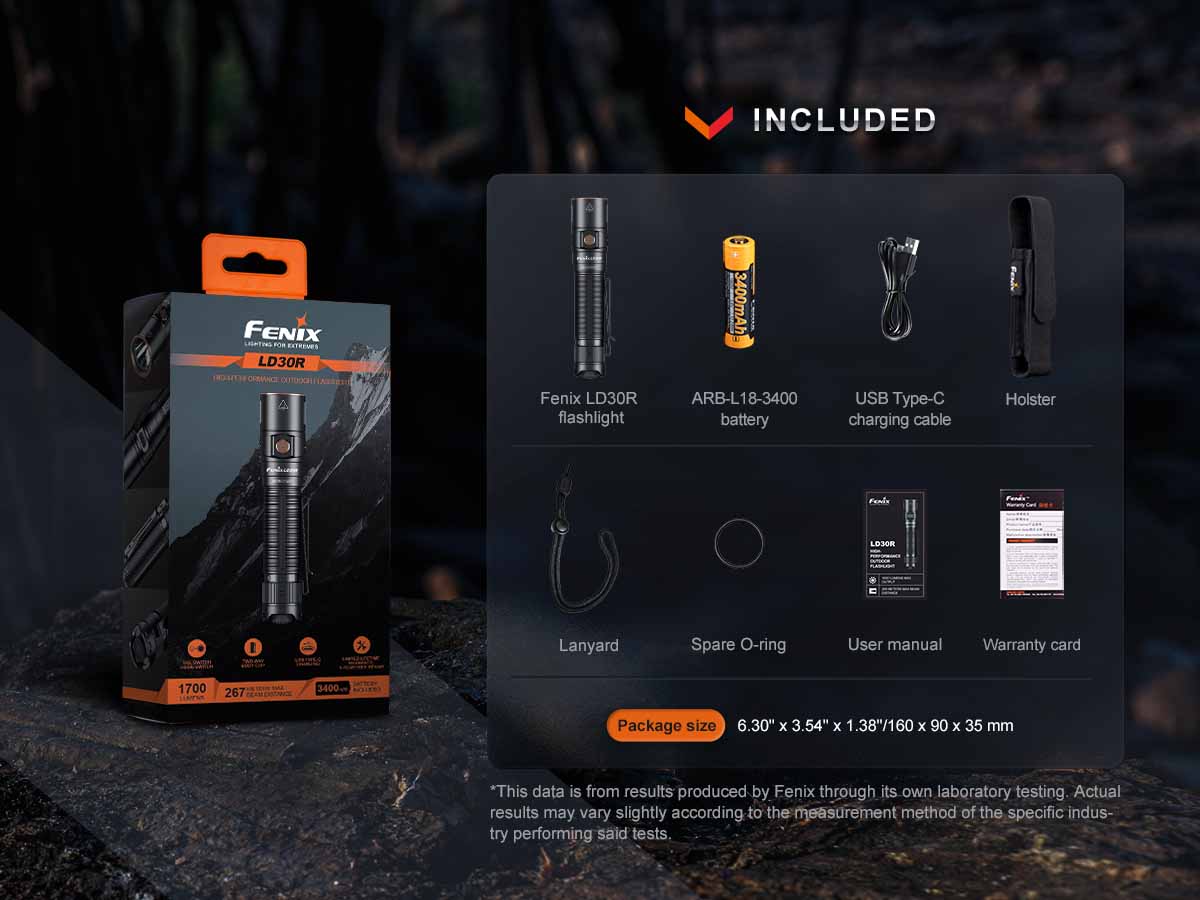 Fenix LD30R Rechargeable Flashlight - 1200 Lumens, USB-C, IP68 Waterproof, Compact LED Torch for Camping, Hiking, Emergency & Outdoor Adventures