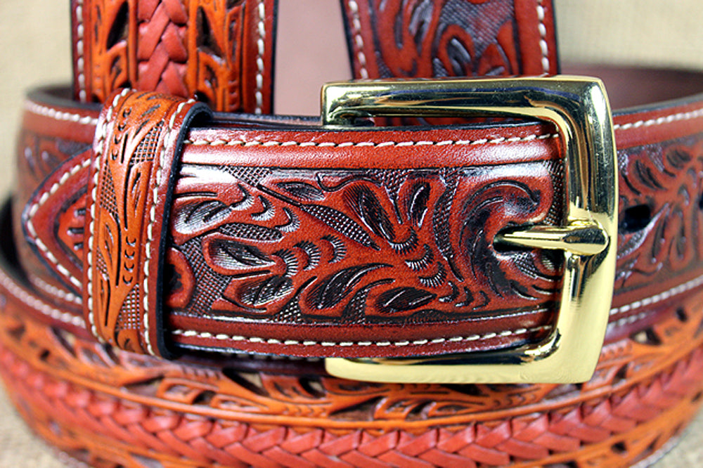 42 Inch 3D Brown Floral Men's Fashion Leather Belt with Removable Buckle - Stylish Accessory for Casual & Formal Outfits