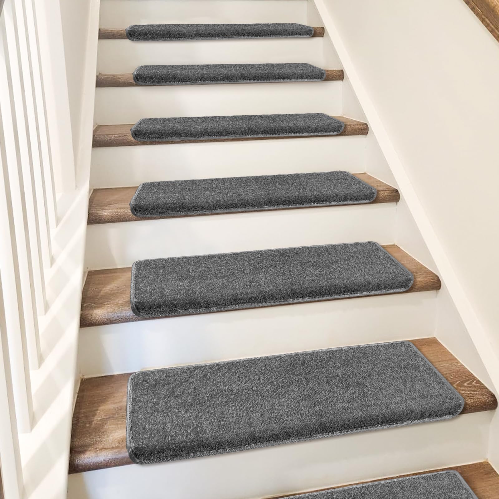 PURE ERA Non-Slip Carpet Stair Treads Set - 14 Pieces Bullnose Tape-Free Indoor Stair Protectors, Pet Friendly Washable Rugs, Soft Skid-Resistant Dark Gray Covers (9.5