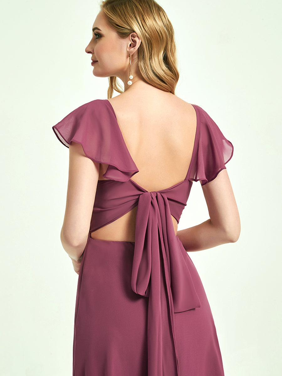 Elegant Burnt Orange Ruffle Cap Sleeve Floor-Length Bridesmaid Dress with High Slit - Perfect for Weddings, Formal Events & Evening Parties