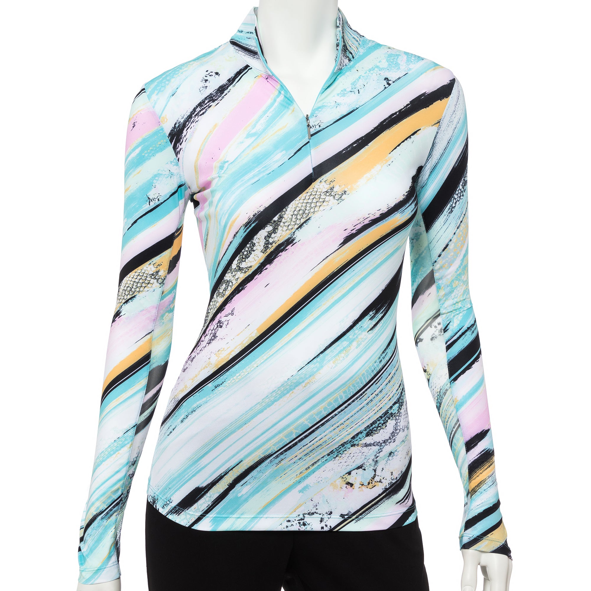 EP NY Diagonal Brushstroke Print Mock Women's Long Sleeve Sun Shirt - UPF 50+ UV Protection, Lightweight & Breathable for Beach, Pool, and Summer Outdoor Activities