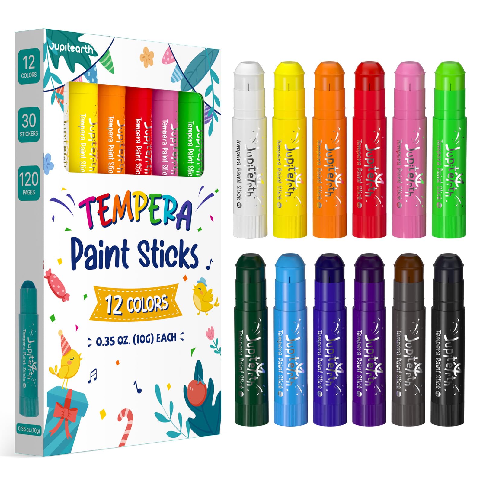 12 Colors Quick Drying Non-Toxic Washable Paint Sticks for Kids - Smooth Solid Tempera Art Supplies with 120 PDF Coloring Pages & 30 Stickers - Perfect for Toddler Drawing, Classroom Activities & DIY Art Projects
