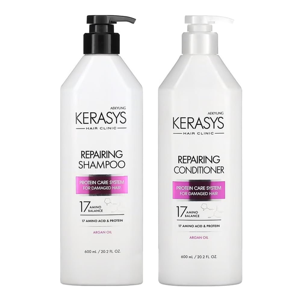 Kerasys Hair Clinic Protein Care System with Argan Oil - Damaged Hair Repair Shampoo & Conditioner Set (20.2 fl oz / 600 ml) - Deep Hydration for Dry, Brittle Hair - Salon Quality Treatment at Home