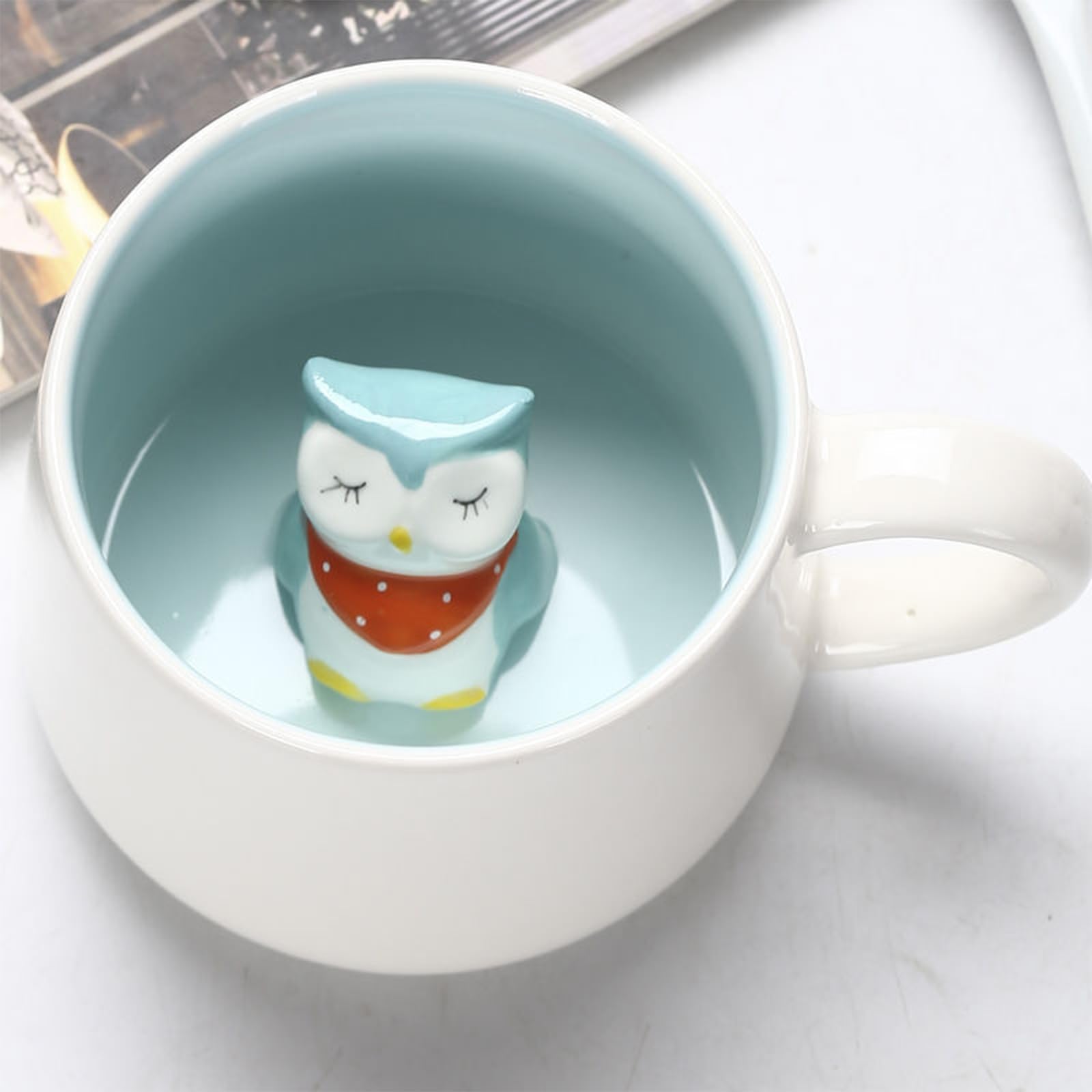 Funny Owl Coffee Mugs 12oz - Cute Ceramic Tea Cups with Handle & Spoon - Unique Animal Inside Cup Novelty Gift for Women, Friends & Kids - Perfect for Birthday Parties, Office Use & Home Decor