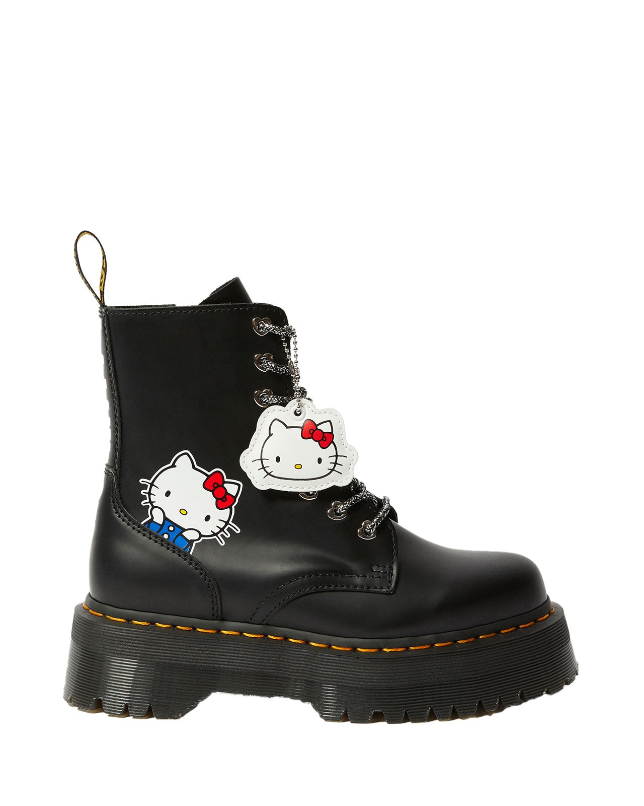 Dr. Martens Jadon Hello Kitty Black Polished Smooth Platform Boots for Women - Cute Punk Style Ankle Booties for Casual Outfits & Streetwear Fashion