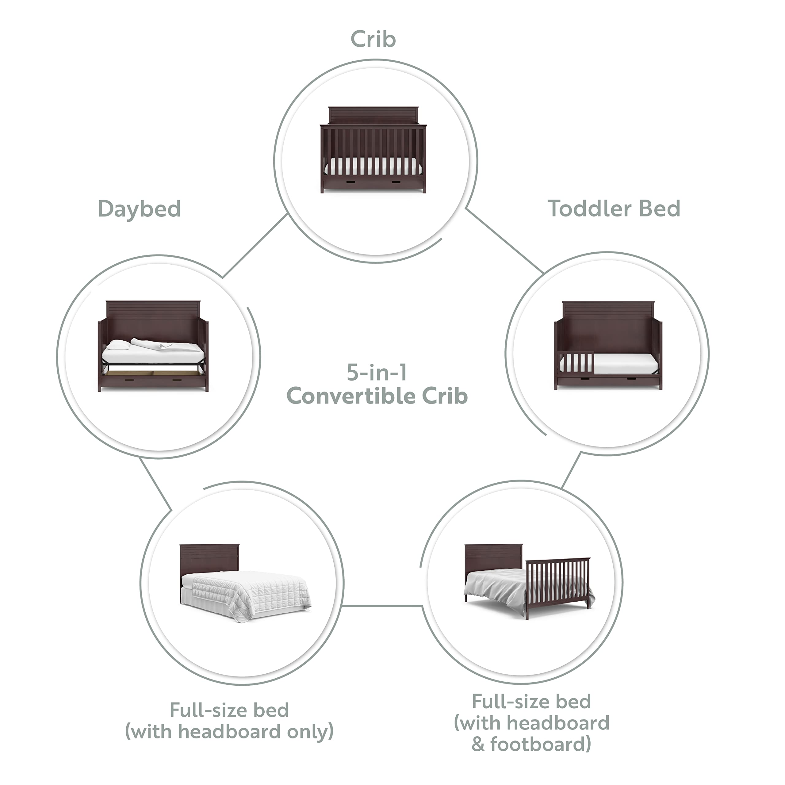 Storkcraft Homestead 5-in-1 Convertible Crib with Storage Drawer in Espresso - Baby Crib to Toddler Bed, Daybed & Full Bed Conversion - Nursery Furniture with Built-in Storage - Perfect for Small Spaces & Growing Families