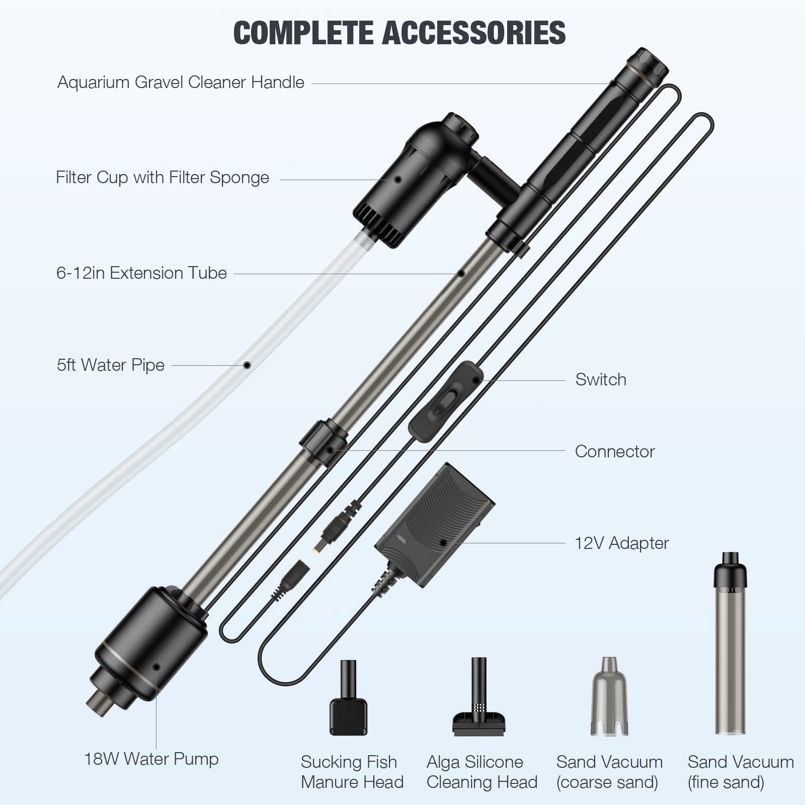 **AKKEE 6-in-1 Aquarium Gravel Cleaner – 18W Powerful Fish Tank Vacuum, Water Changer, Sand Washer & Filter Pump – IP68 Waterproof (Black) – Ideal for Freshwater & Saltwater Tank Maintenance**