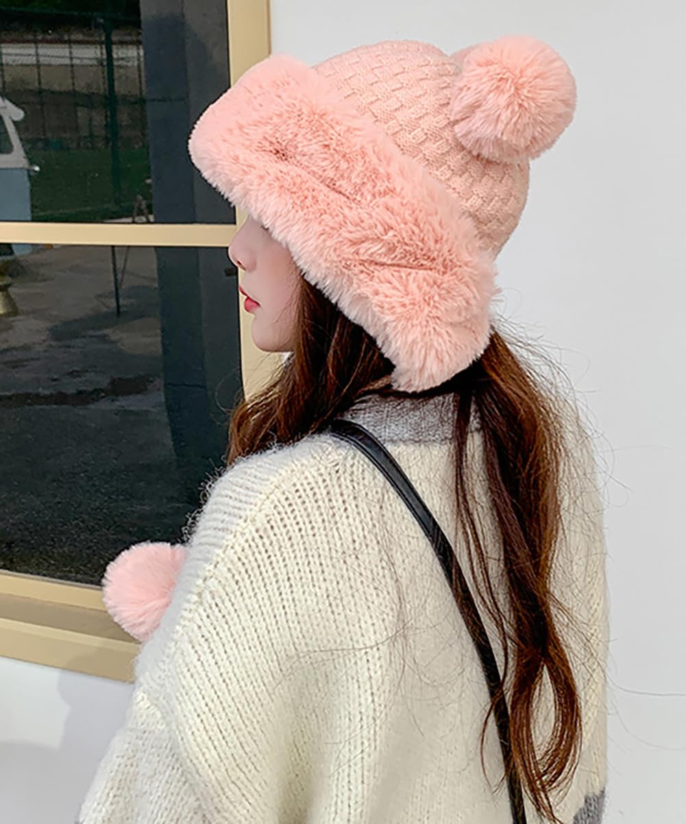 Women's Winter Pompom Beanie Hat - Soft Fluffy Knit Faux Fur Crochet Skull Cap with Ear Warmers for Cold Weather | Cozy Outdoor Activities, Snow Days & Fashion Accessory