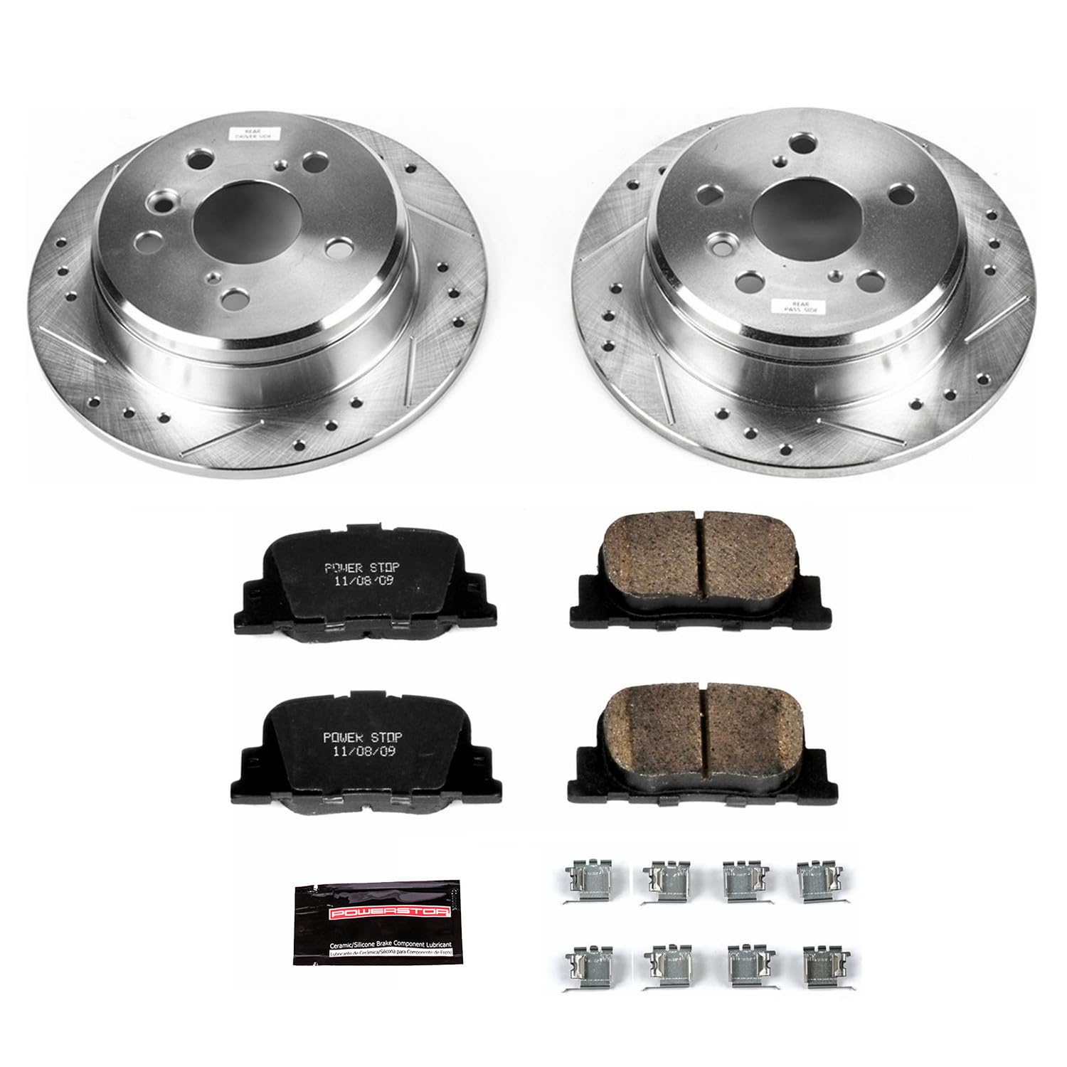 Power Stop K1084 Rear Z23 Carbon Fiber Brake Pads with Drilled & Slotted Brake Rotors Kit - Compatible with Lexus ES300 2000-2001 & Toyota Camry 2000-2001 | High-Performance Braking System for Smooth Stops & Enhanced Safety | Perfect for Daily Commuting, Highway Driving & Performance Upgrades
