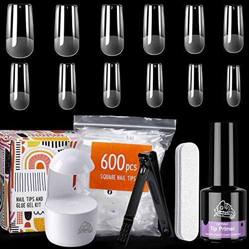 600Pcs Chameleon Gel Nail Tips Kit with 15ML 2-in-1 Nail Glue Base Coat & UV Lamp - Square Gel Nail Extensions for DIY Nail Art at Home | Perfect for Salon-Quality Manicures, Nail Extensions & Professional Nail Designs
