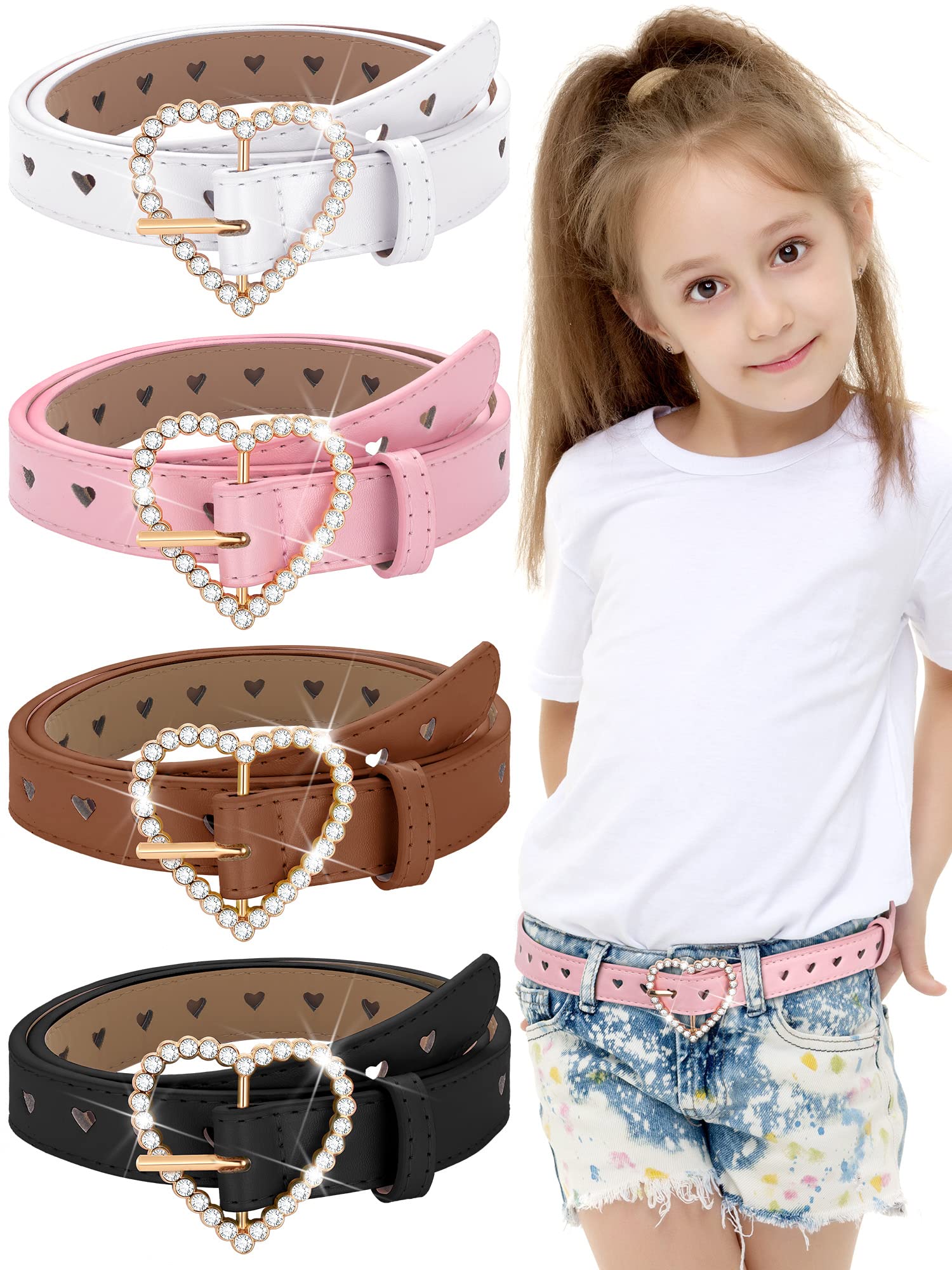 Newcotte 4 Pack Girls Fashion Belts - Adjustable Leather Waist Belt with Rhinestone Heart Metal Buckle for Kids | Perfect for School, Party & Special Occasions