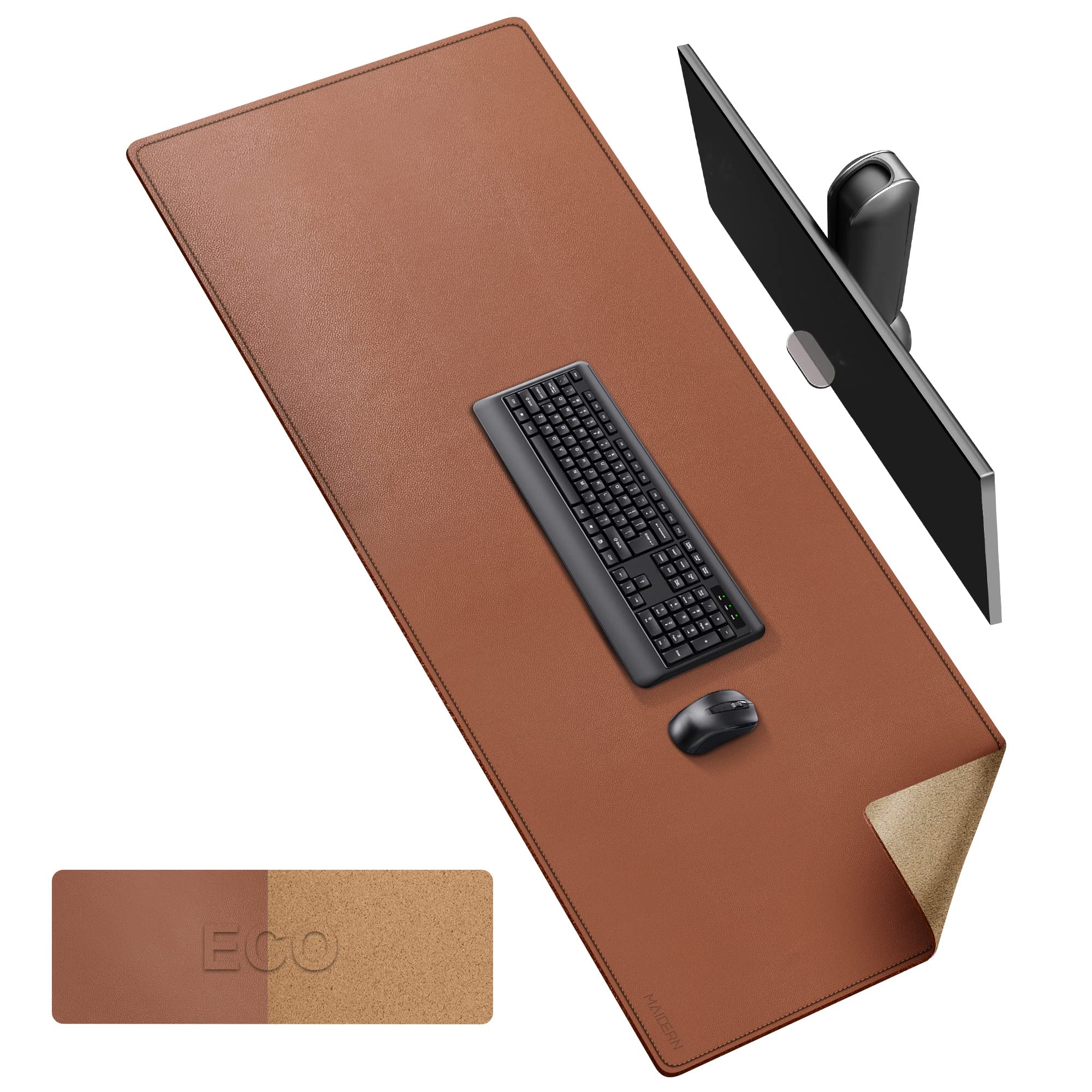 Premium MAIDERN Cork & Leather Desk Pad - 63” x 23.6” XXL Size Desk Mat with Dual Sides for Home Office & Gaming - Large Mouse Pad & Desk Protector (Brown) - Perfect for Workstations, Computer Desks & Ergonomic Setups