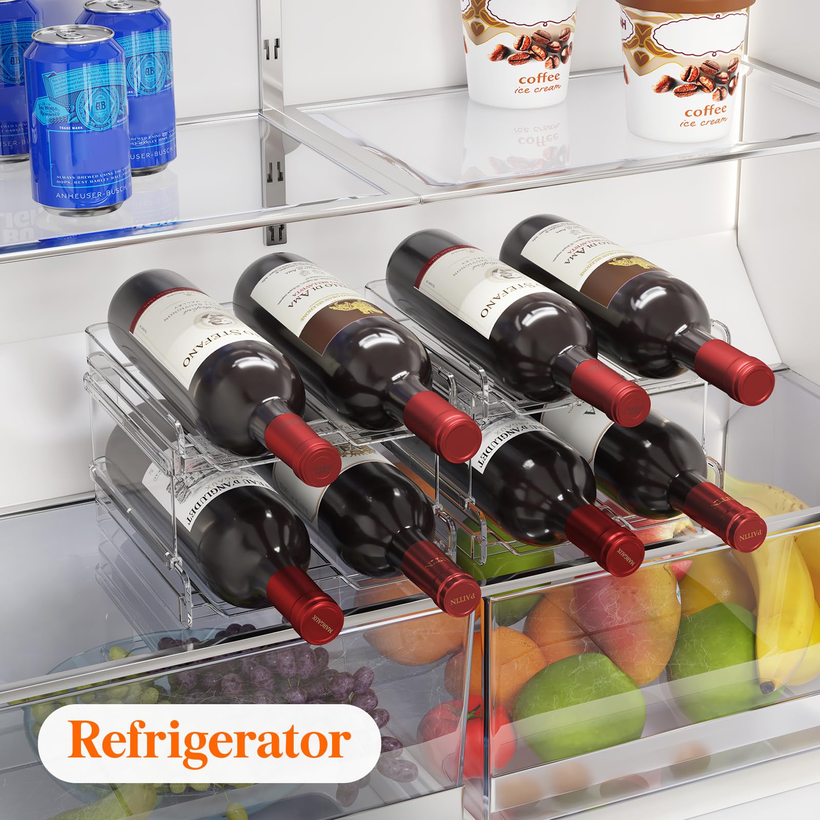 Stackable Plastic Wine Rack for Refrigerator - 8 Bottle Organizer for Cabinet, Countertop, Pantry | Space-Saving Wine & Water Bottle Holder for Kitchen, Home Bar, Party Storage