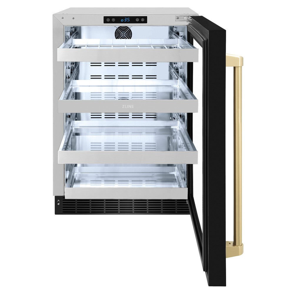 ZLINE Autograph Edition 24 Inch Touchstone 151 Can Beverage Refrigerator - Black Stainless Steel Glass Door with Champagne Bronze Handle - Compact Wine Cooler & Mini Fridge for Kitchen, Bar, Office, or Man Cave (RBSOZ BS 24 CB)