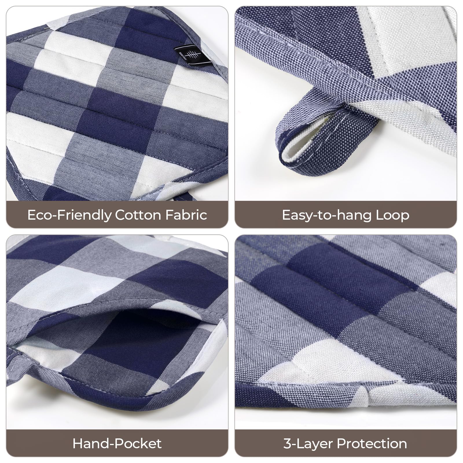 Heat Resistant Kitchen Pot Holders - 2PCS Blue Plaid Cotton Oven Mitts for Cooking, Baking & Countertop Protection - Perfect for Grilling, Serving Hot Dishes & Home Decor