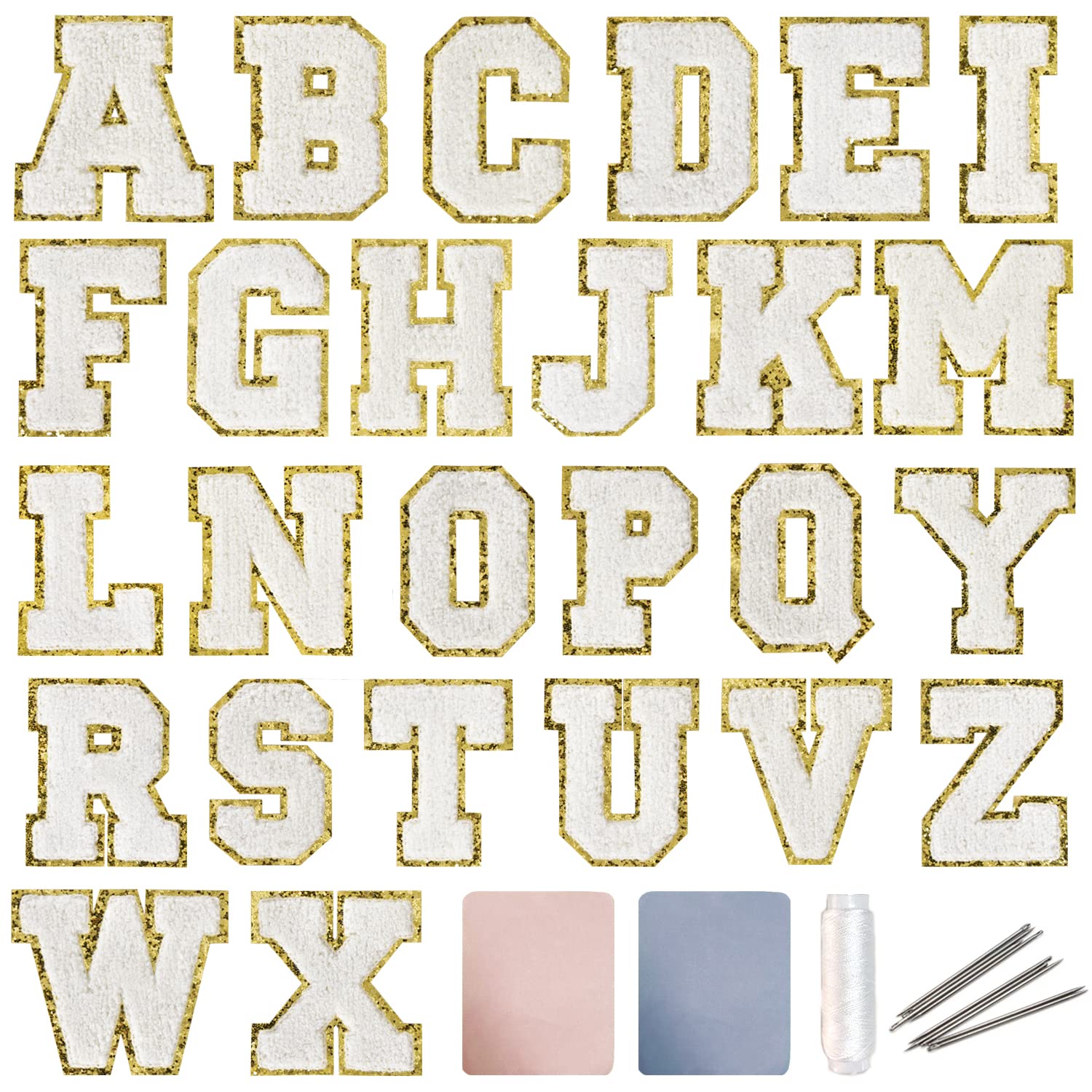 Custom Iron On Letters for Clothing - Varsity Letter Patches & Chenille Alphabet Patches with Gold Trim - White DIY Sewing Appliques for Jackets, Hoodies, Bags & Team Uniforms