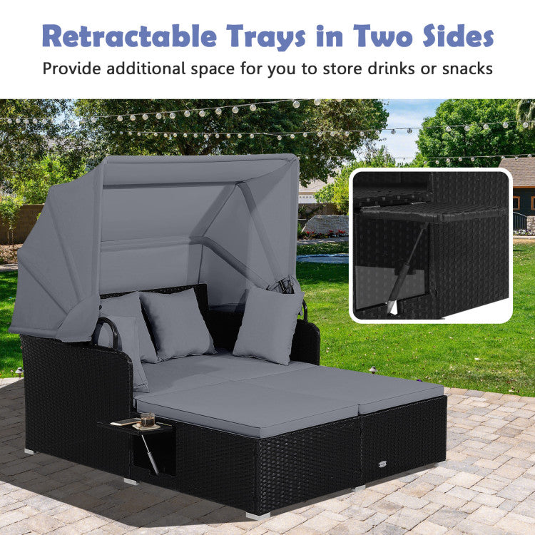 Costway Outdoor Patio Rattan Daybed with Retractable Canopy & Side Tables - Black - Perfect for Poolside Lounging, Garden Relaxation & Backyard Sunbathing