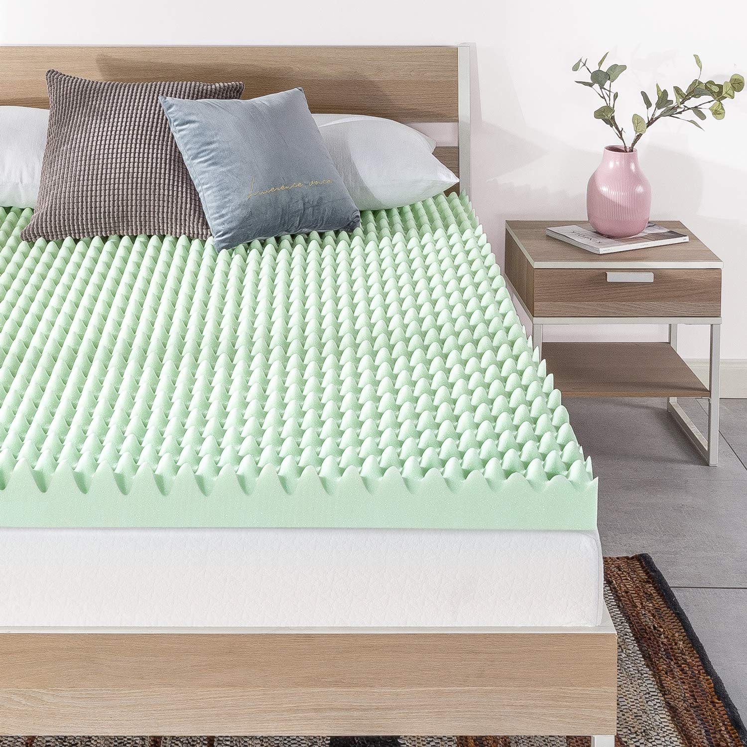 4 Inch Egg Crate Memory Foam Mattress Topper with Green Tea Infusion - CertiPUR-US Certified, King Size for Pressure Relief & Cool Sleep - Perfect for Back Pain Relief, Guest Beds & Dorm Rooms