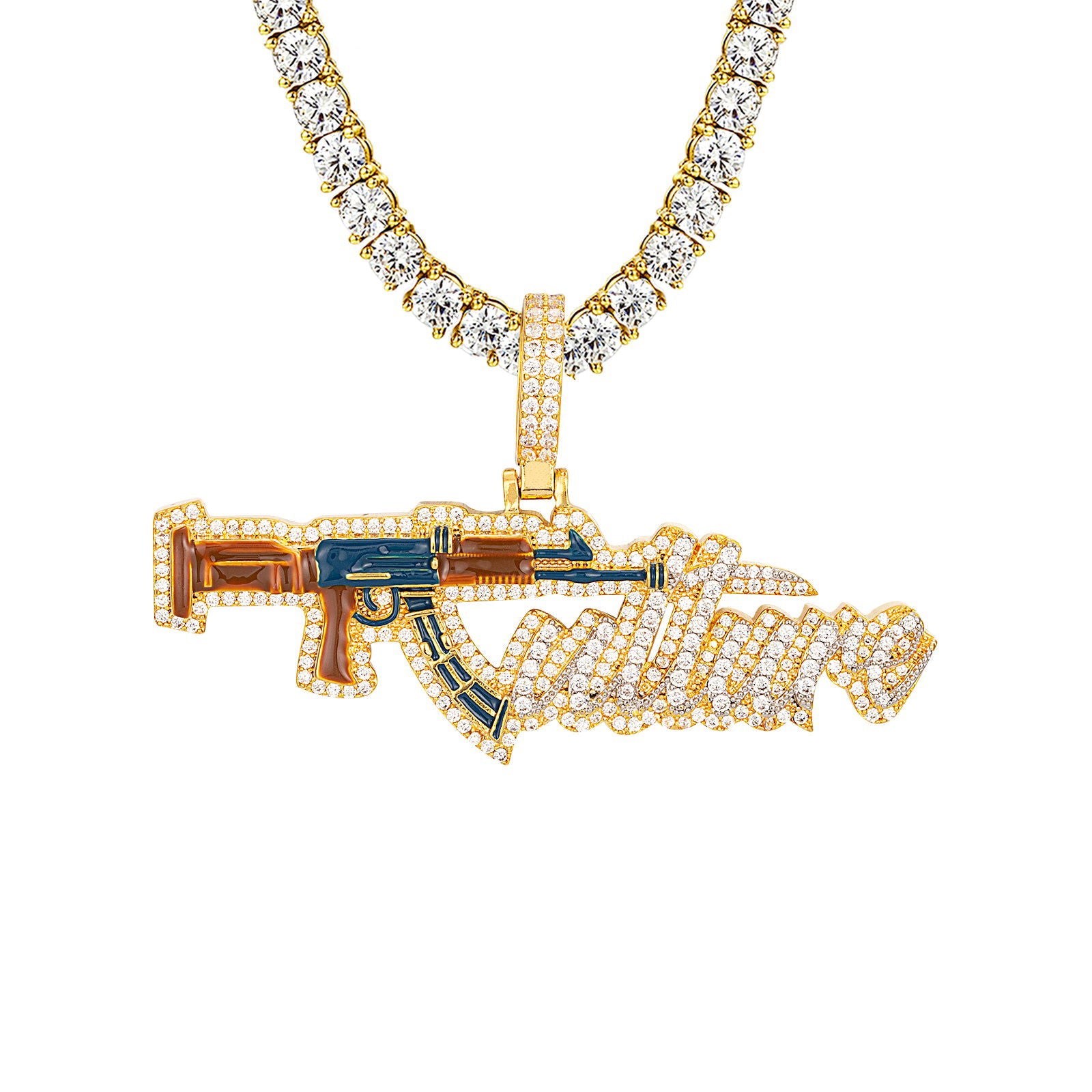 Men's Sterling Silver 3D Gun Pendant Necklace - Icy Hip Hop Style with Gold Tone Finish - Perfect for Streetwear, Rap Fashion & Urban Jewelry Collection