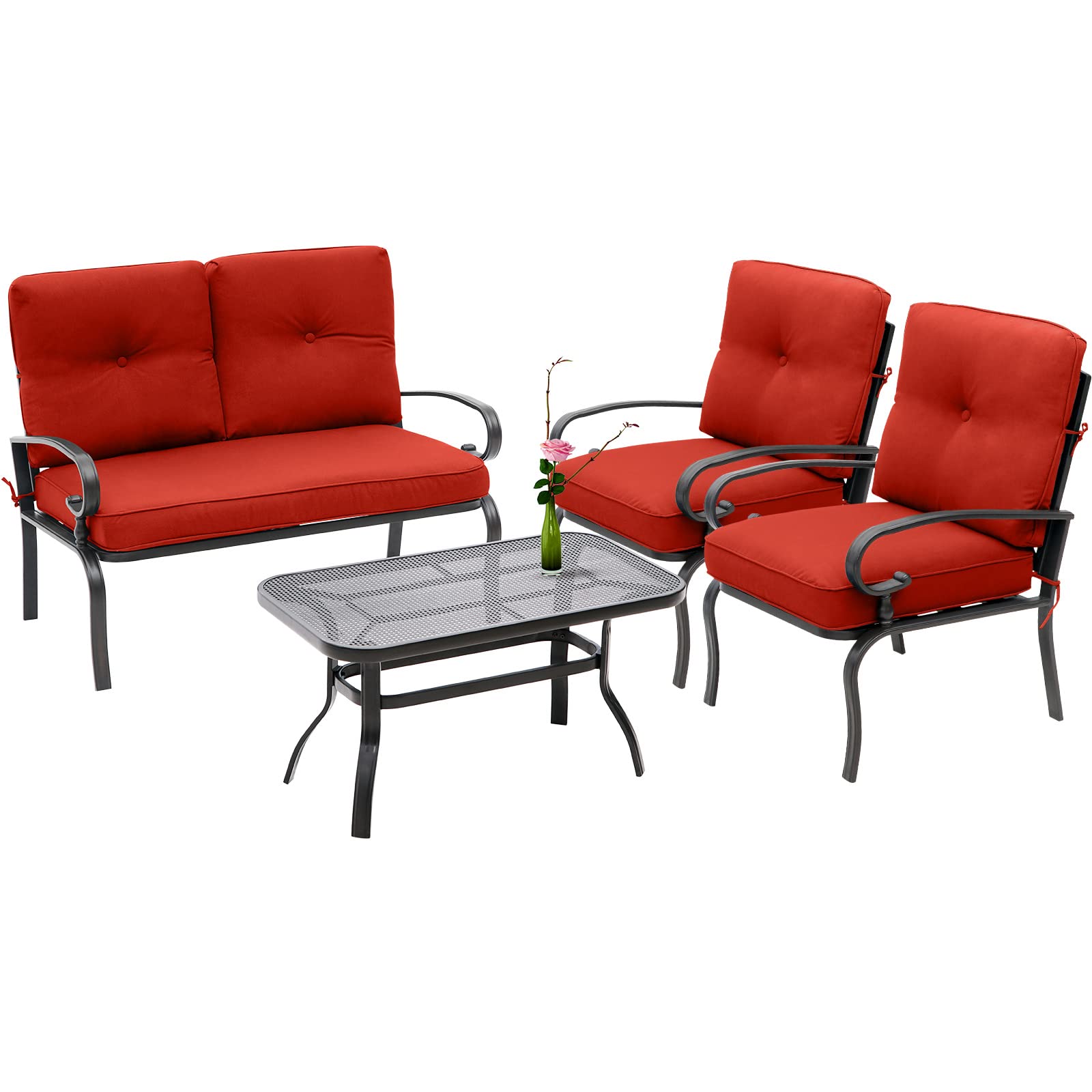 Crownland 4-Piece Outdoor Patio Furniture Set - Metal Frame Loveseat, 2 Dining Chairs & Coffee Table for Garden, Yard, Balcony (Red) | Perfect for Backyard Relaxation, Outdoor Dining & Social Gatherings