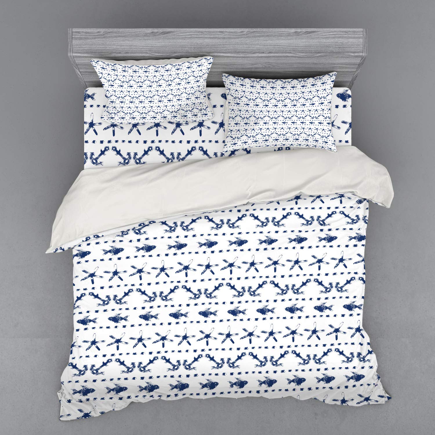 Ambesonne Navy Blue Duvet Cover Set - Nautical Yacht Themed Design with Fish, Starfish & Anchor Print, 4-Piece King Size Bedding Set with Shams & Fitted Sheet, Navy & White - Perfect for Coastal, Beach House or Marine Themed Bedrooms
