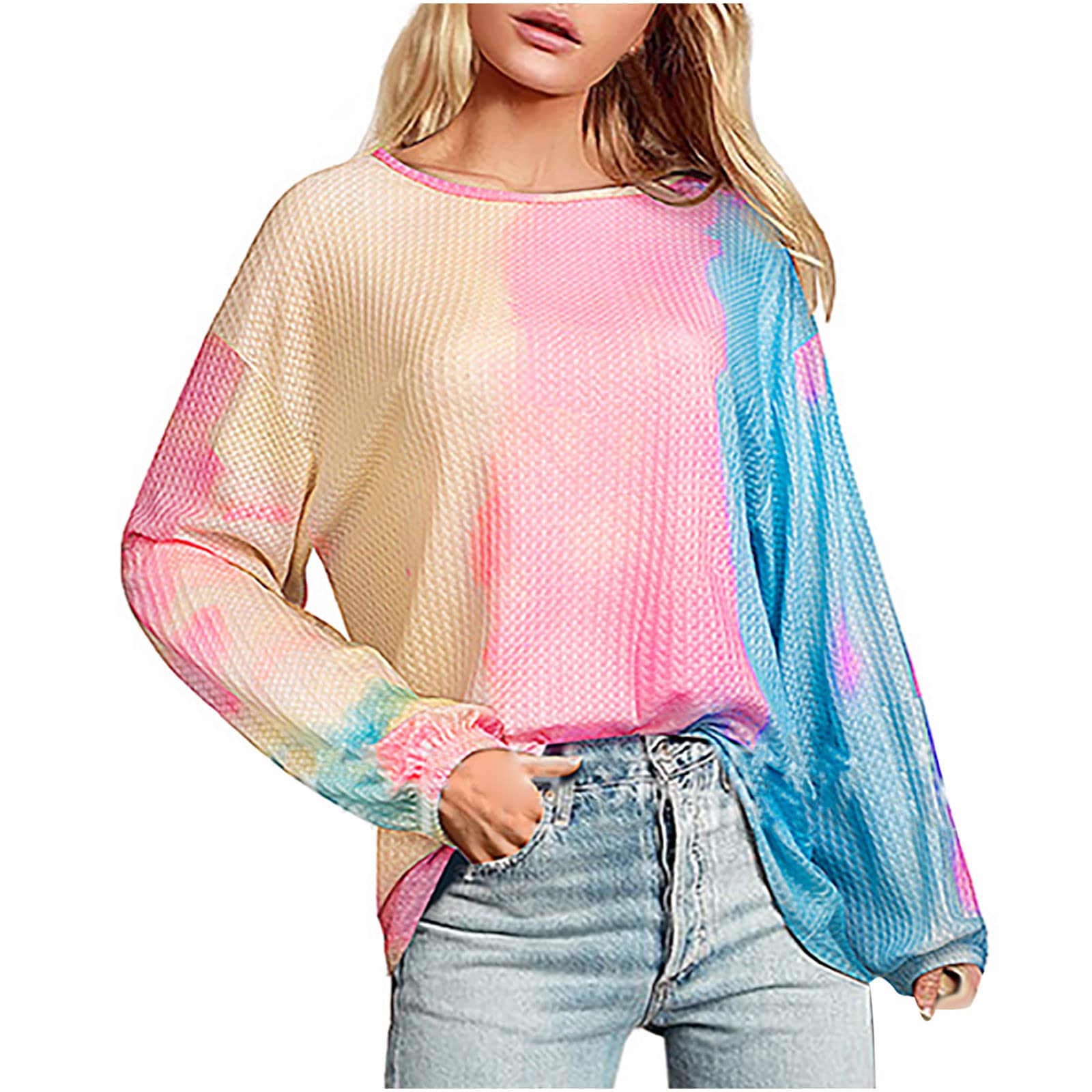Women's Casual Tie-Dye Waffle Crewneck Sweatshirt - Long Sleeve Lightweight Pullover Tunic Top for Fall | Cozy Loungewear & Streetwear Fashion
