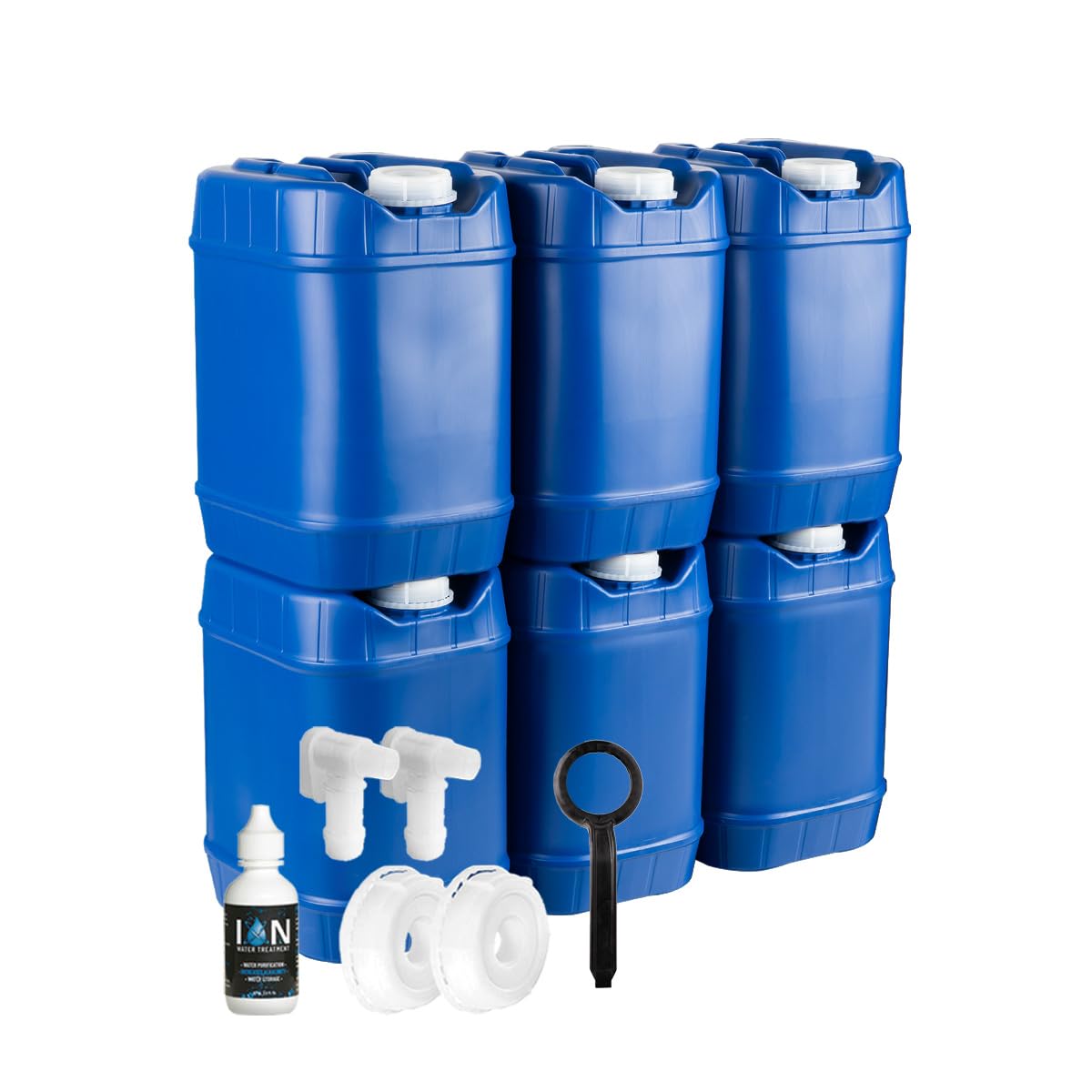 5-Gallon Stackable Water Storage Containers with Lids - Emergency Water Supply Kit Includes Spigots, Wrench & Water Preserver (30 Gallons Total) - Perfect for Camping, Hurricane Preparedness & Off-Grid Living