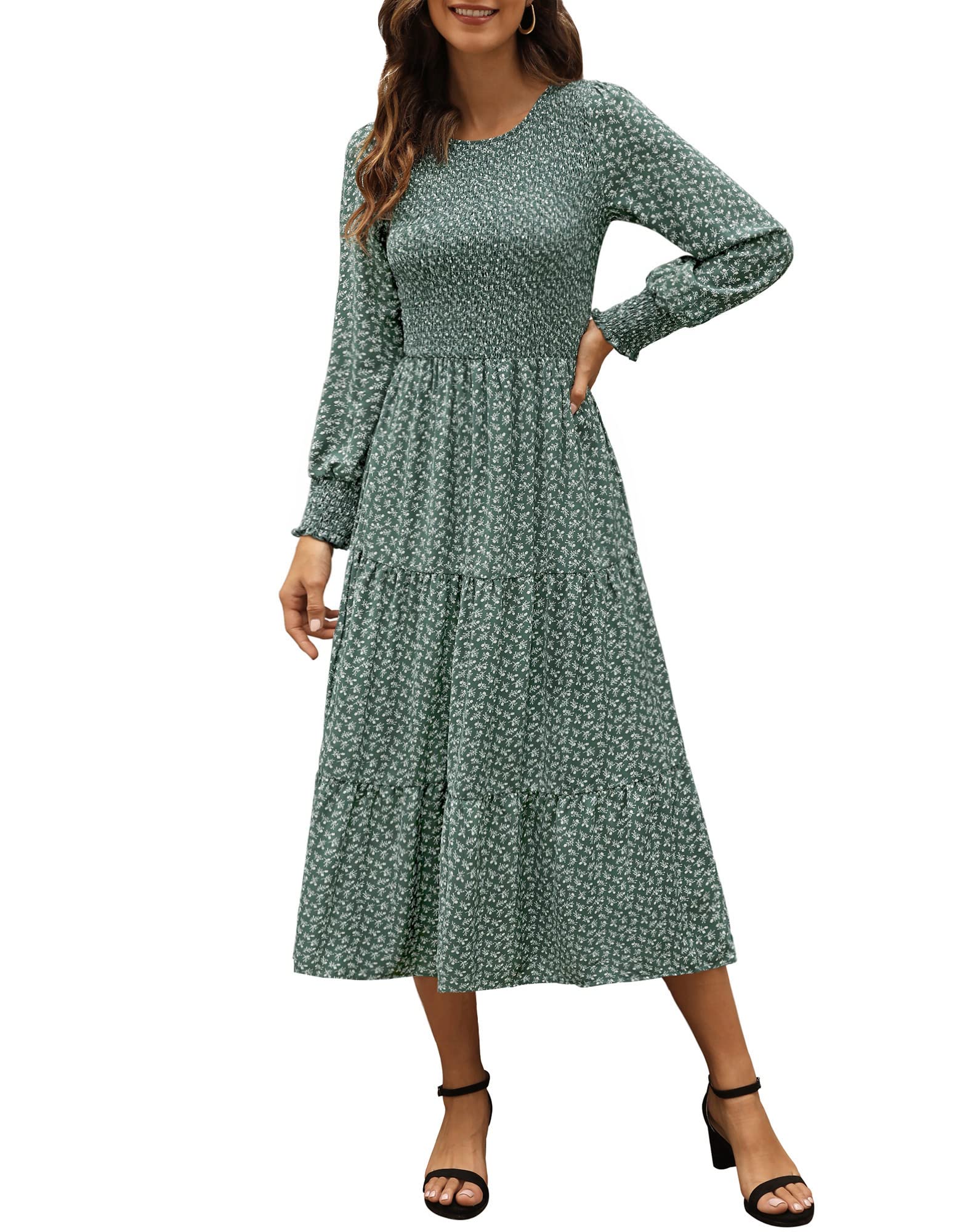 Zattcas Women's Fall Dresses 2025 - Casual Long Sleeve Smocked Boho Floral Tiered Midi Dress with Pockets for Wedding Guest, Party, Holiday & Everyday Wear