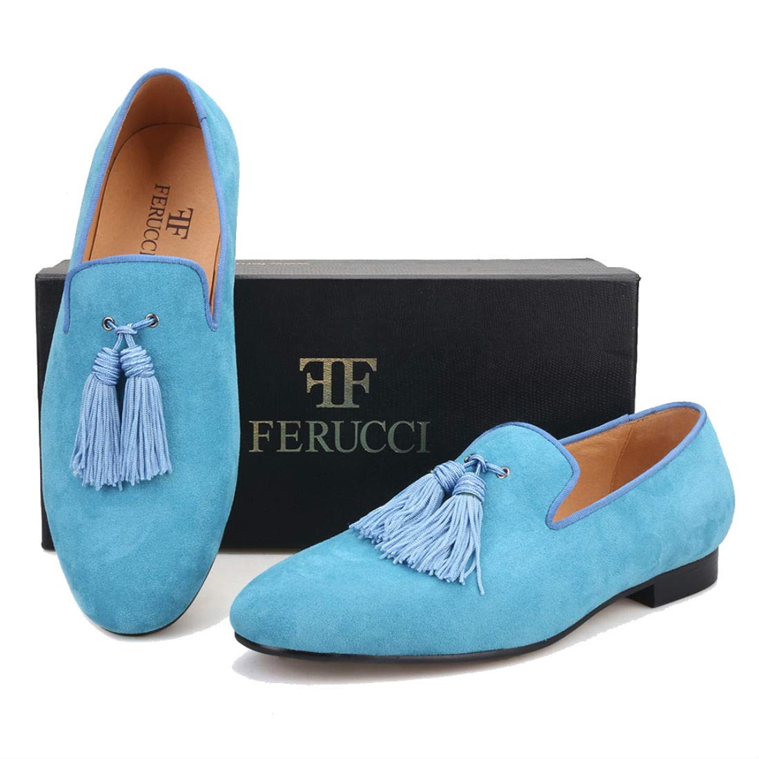 FERUCCI Men's Light Blue Suede Loafers - Comfortable Slip-On Slippers with Big Blue Tassel | Casual Indoor & Outdoor Shoes for Relaxing at Home or Running Errands