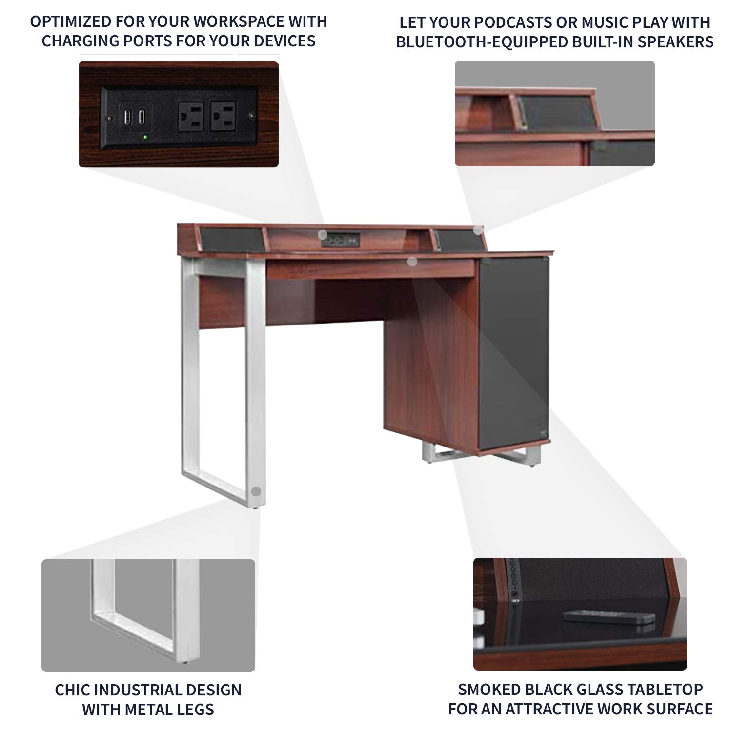 Bell'O 48 Inch Enterprise Desk with Built-in Speakers & USB Charging Station - Cherry Wood Finish (ODS4915-NC10) for Home Office & Gaming Setup