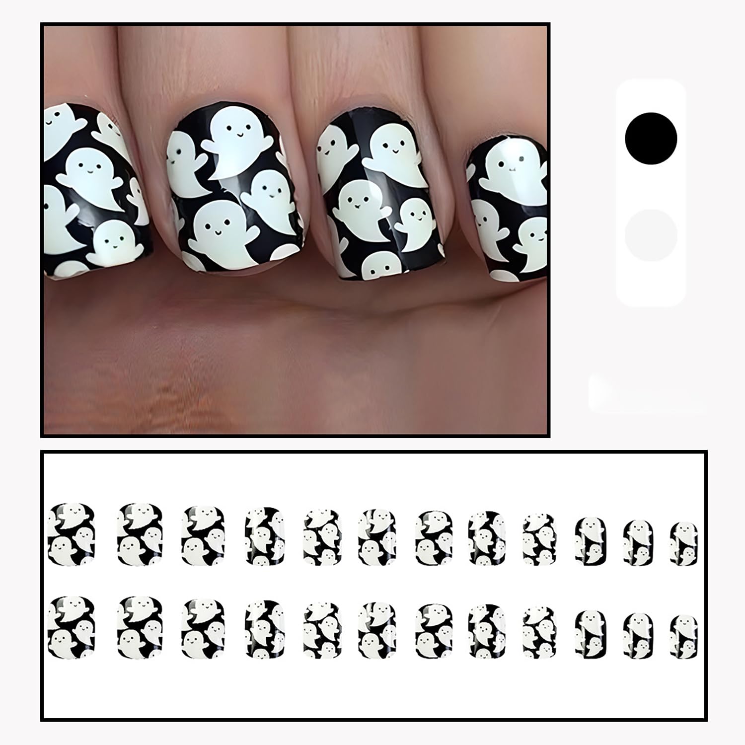 24 Pcs Halloween Press on Nails - Short Square Fake Nails Glow in Dark with Cute Ghost Design | Acrylic False Nails for Women | Reusable Stick on Nails for Parties, Cosplay & Halloween Costumes
