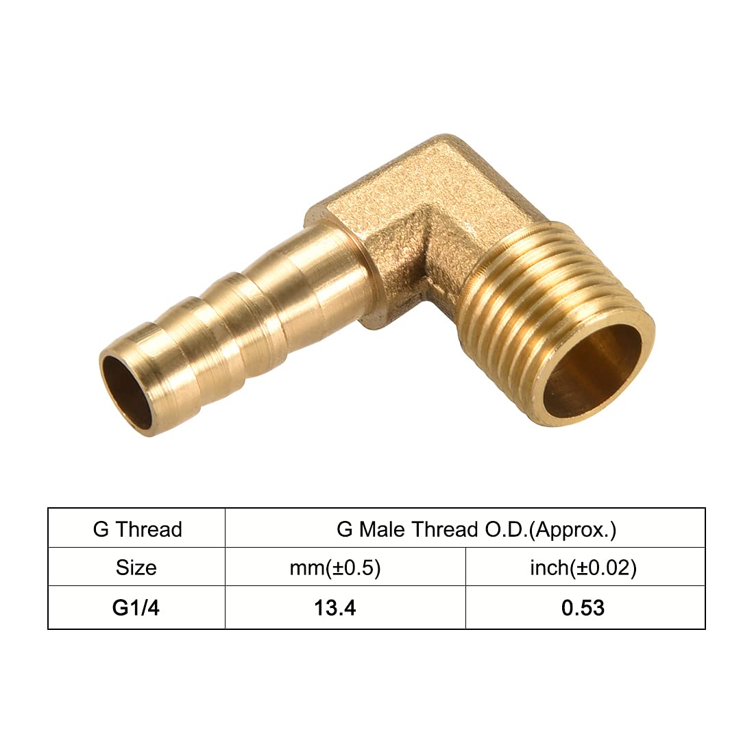 90 Degree Brass Barbed Hose Connector - 8mm Barb x 1/4