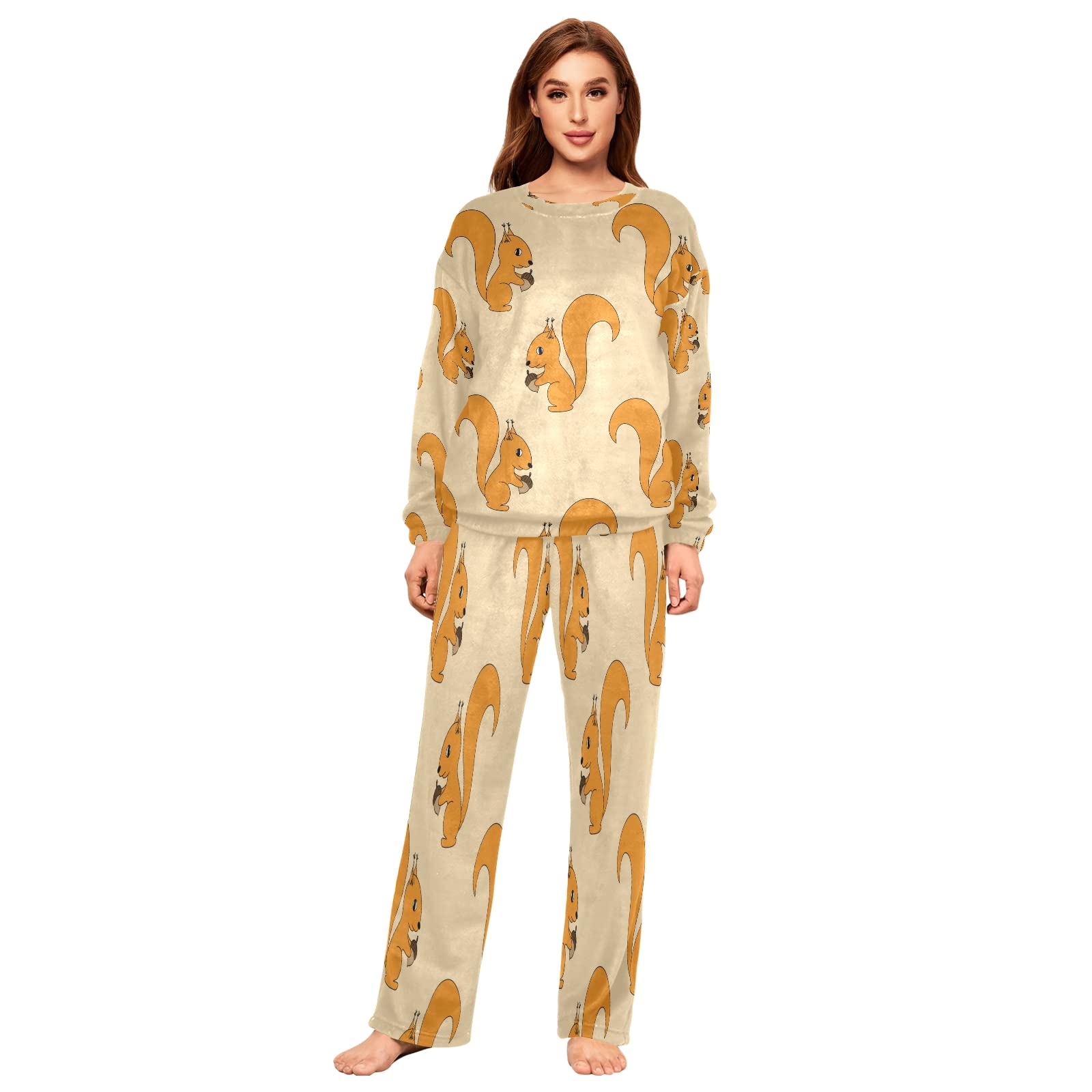 ALAZA Women's 2-Piece Flannel Pajama Set - Cute Squirrel Print Long Sleeve Sleepwear & Lounge Wear for Cozy Nights, Winter Comfort, and Relaxing at Home