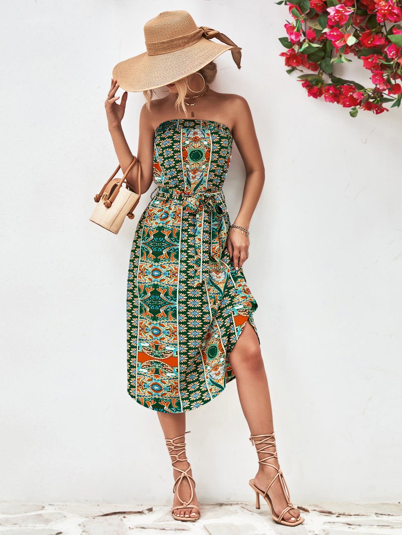 Stylish Printed Strapless Tie Belt Dress for Women - Perfect for Summer Parties, Weddings & Beach Vacations