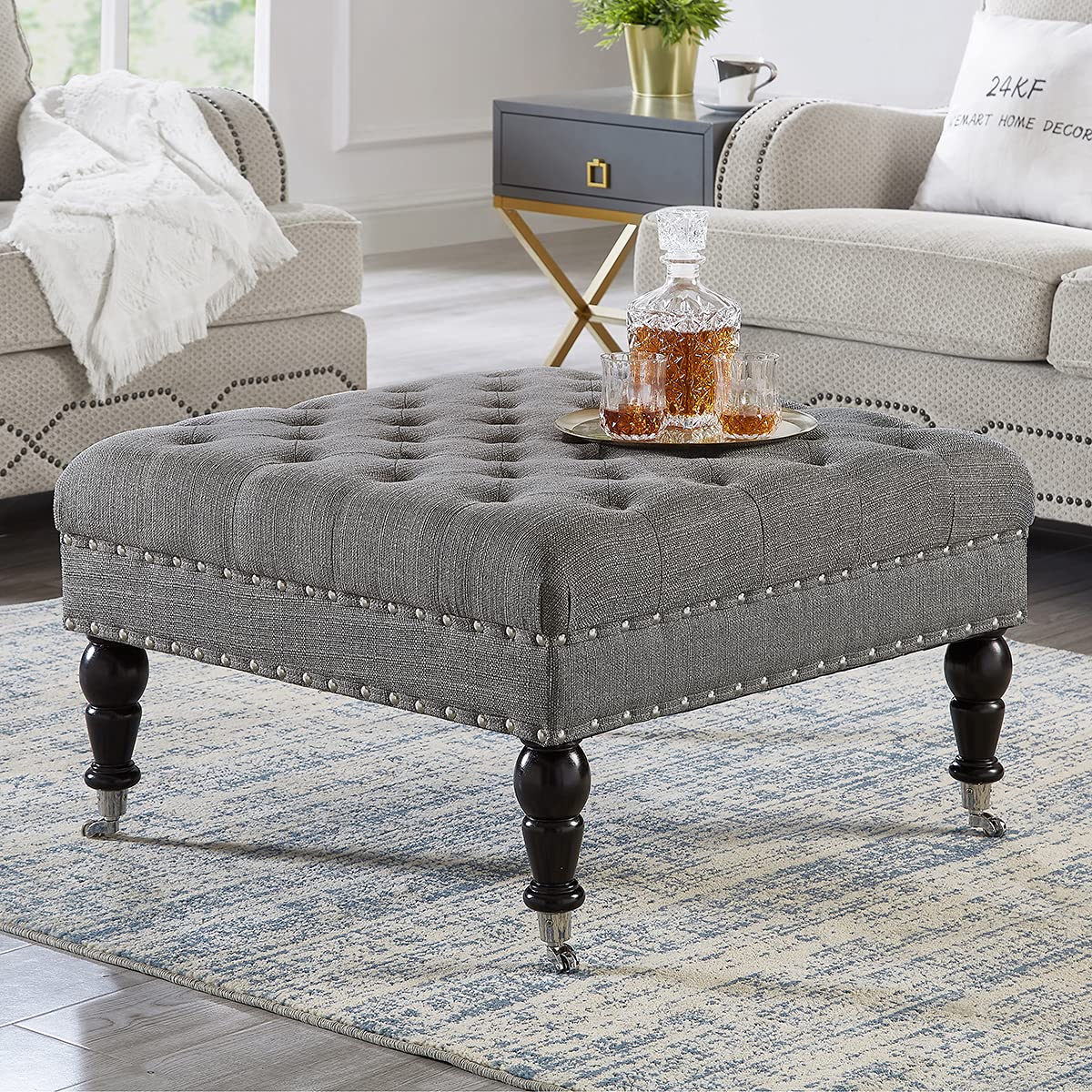24K Gold Large Square Upholstered Tufted Button Linen Ottoman Coffee Table with Casters - Convertible Footrest Bench & Rolling Storage Ottoman - Perfect for Living Room, Bedroom, and Home Office Decor