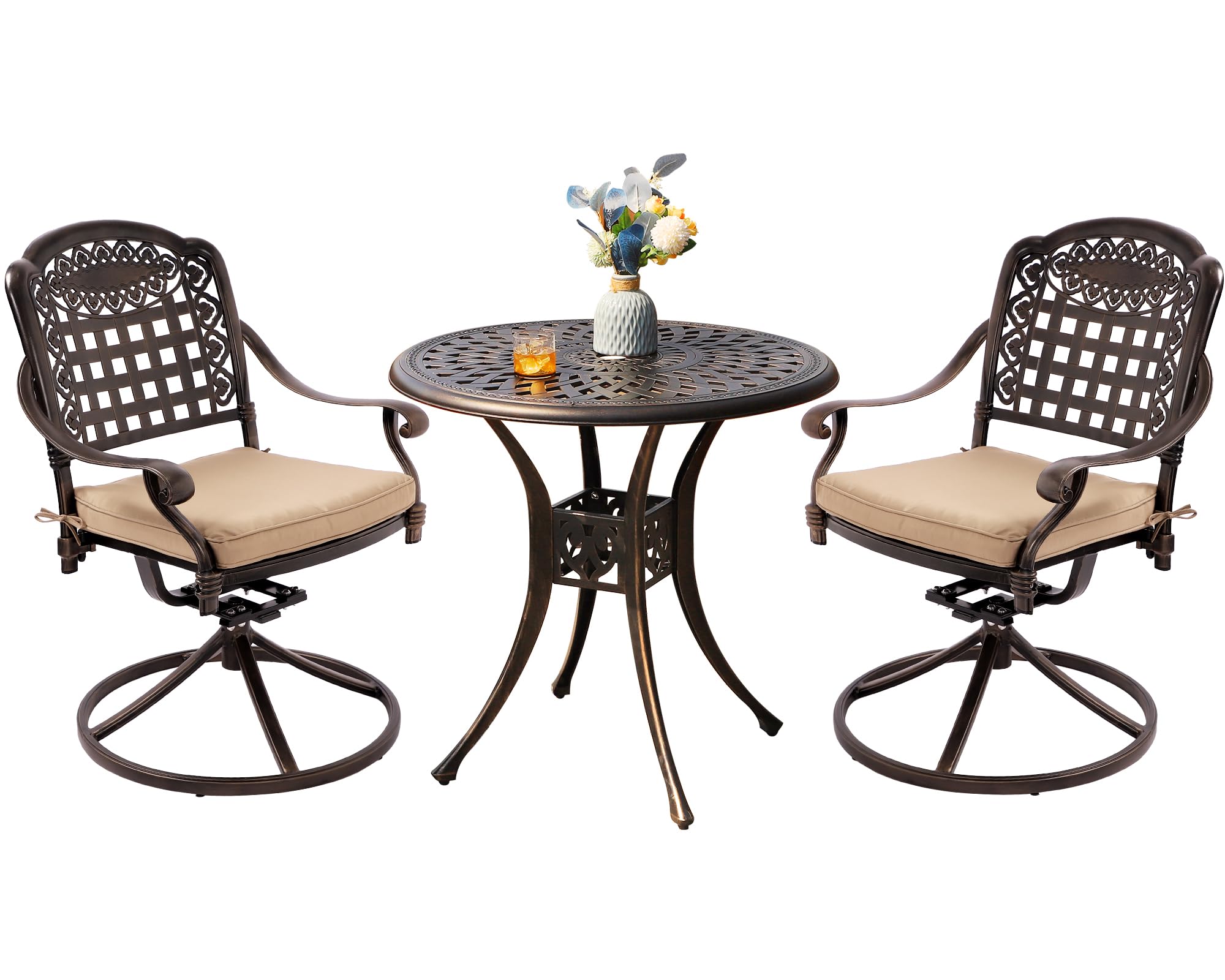 Grepatio 3-Piece Cast Aluminum Patio Dining Set - All-Weather Outdoor Bistro Set with 2 Lattice Weave Chairs & 1 Table with Umbrella Hole - Durable Garden Furniture for Patio, Deck, Backyard, Poolside Dining and Outdoor Entertaining